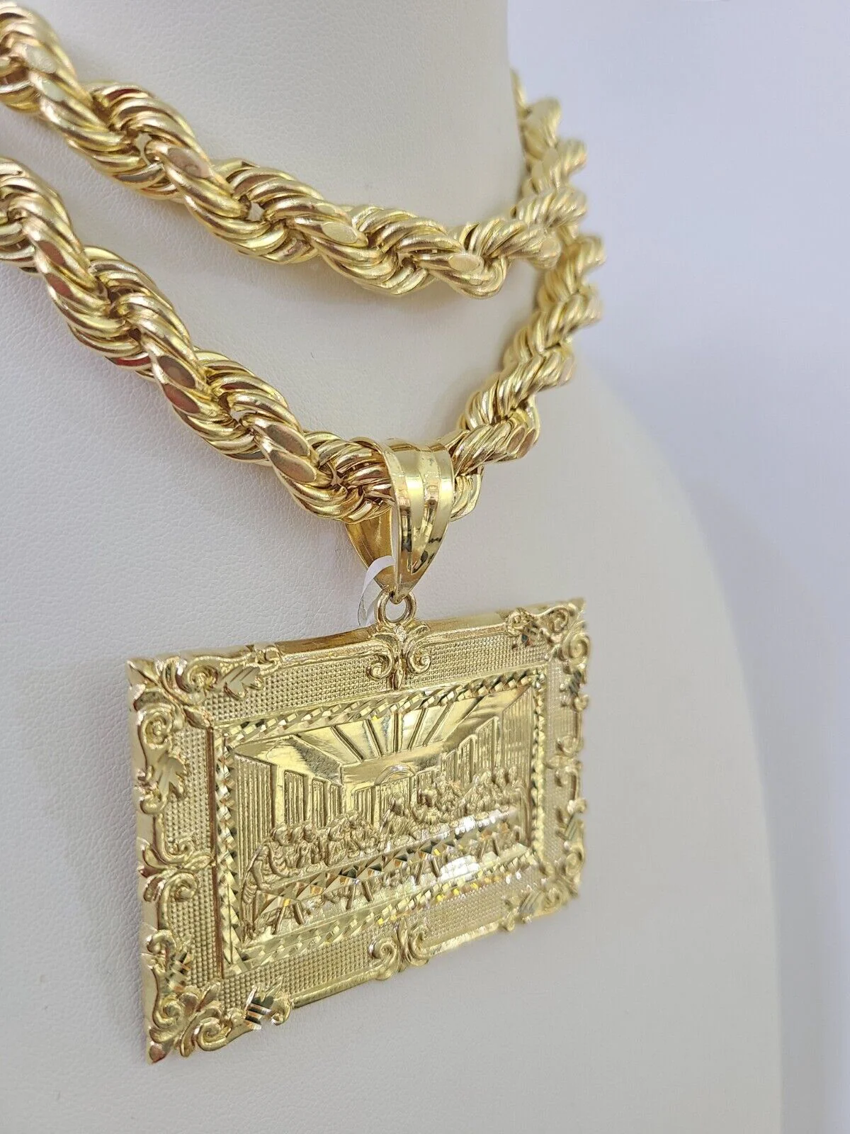 Real 10k Rope Chain Last Supper Charm Set 10mm 20"-30" Inch Necklace Yellow Gold - Image 2