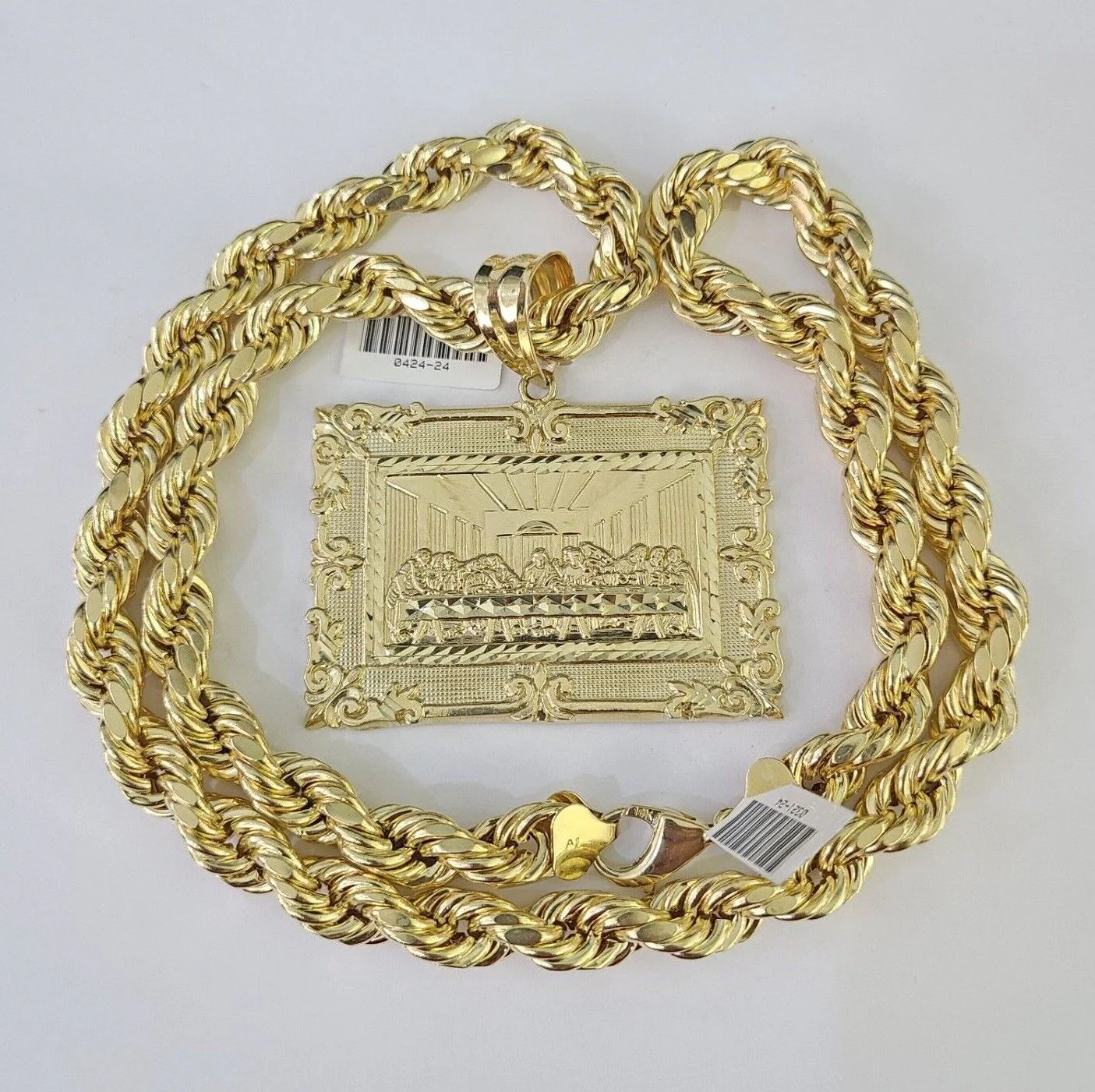Real 10k Rope Chain Last Supper Charm Set 10mm 20"-30" Inch Necklace Yellow Gold - Image 5