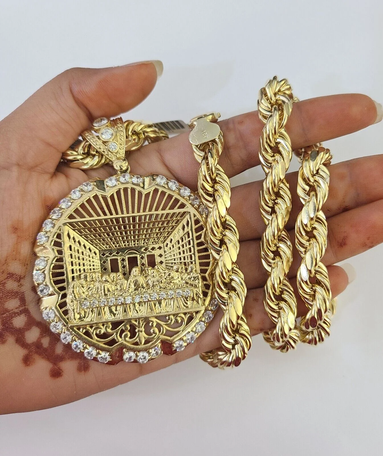 Real 10k Rope Chain Last Supper Charm Set 10mm 20"-30" Inch Necklace Yellow Gold - Image 5