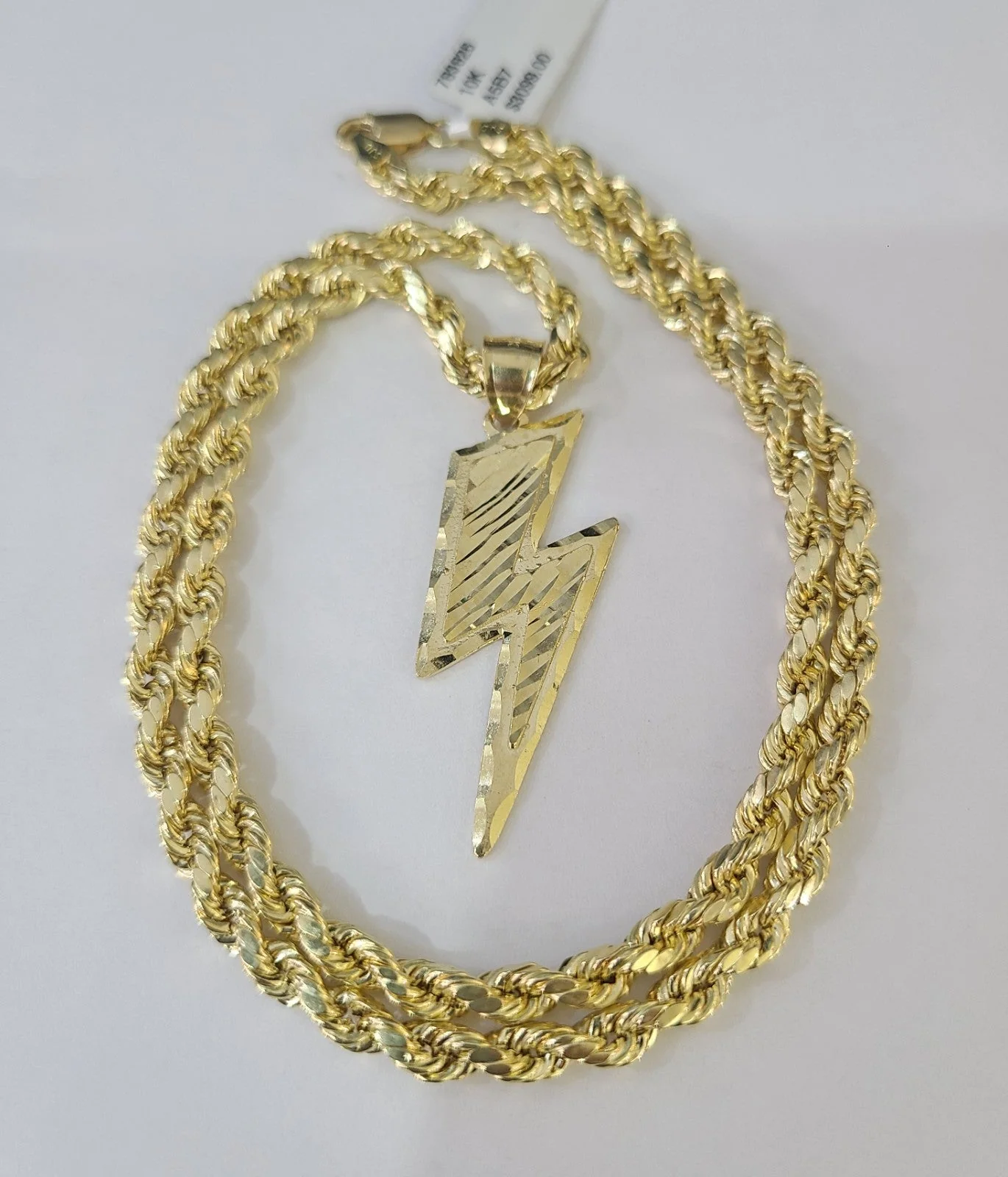 Real 10k Rope Chain Lightning Bolt Charm Necklace Pendant Set 4mm 18"-28" Gold - Image 2