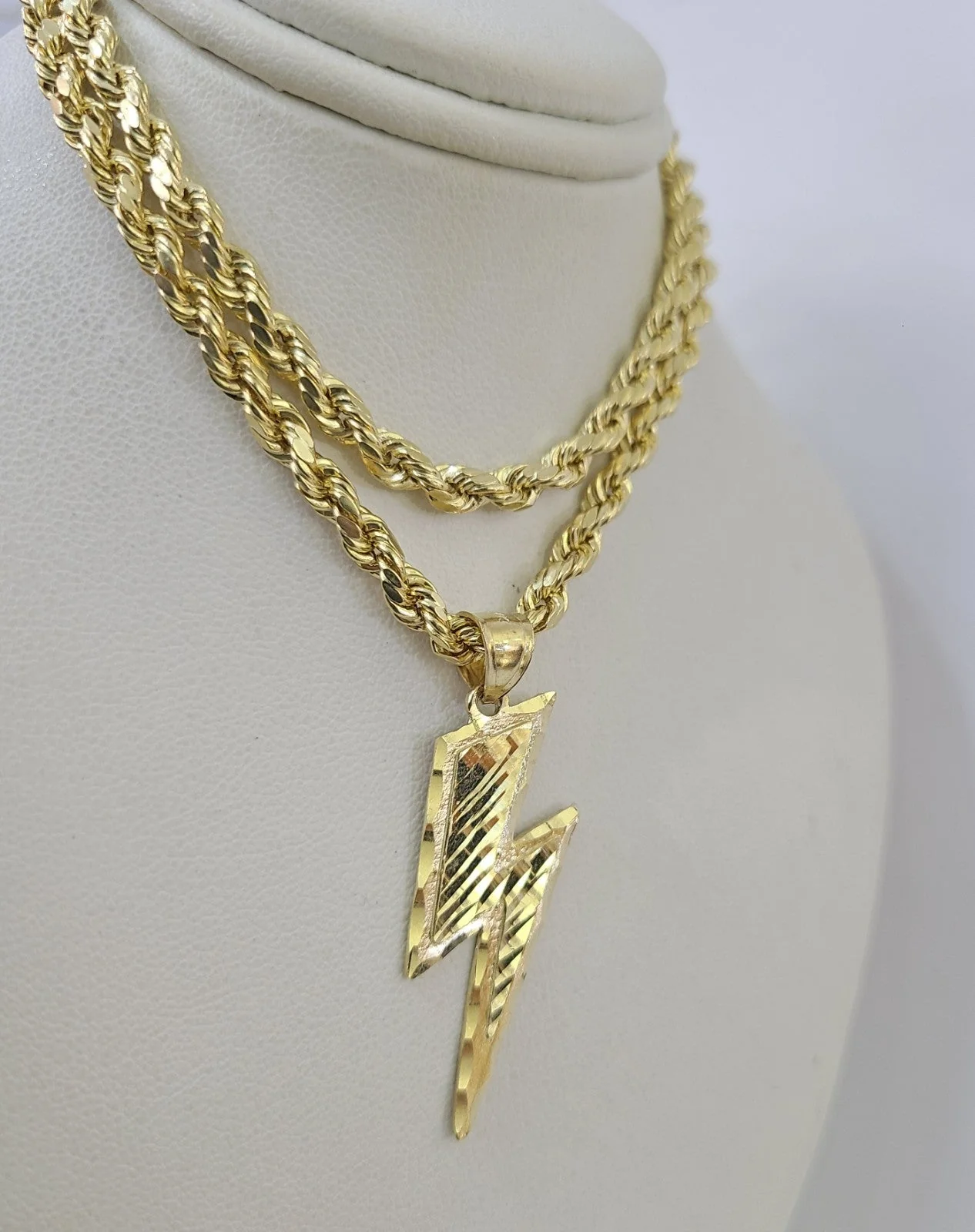 Real 10k Rope Chain Lightning Bolt Charm Necklace Pendant Set 4mm 18"-28" Gold - Image 4