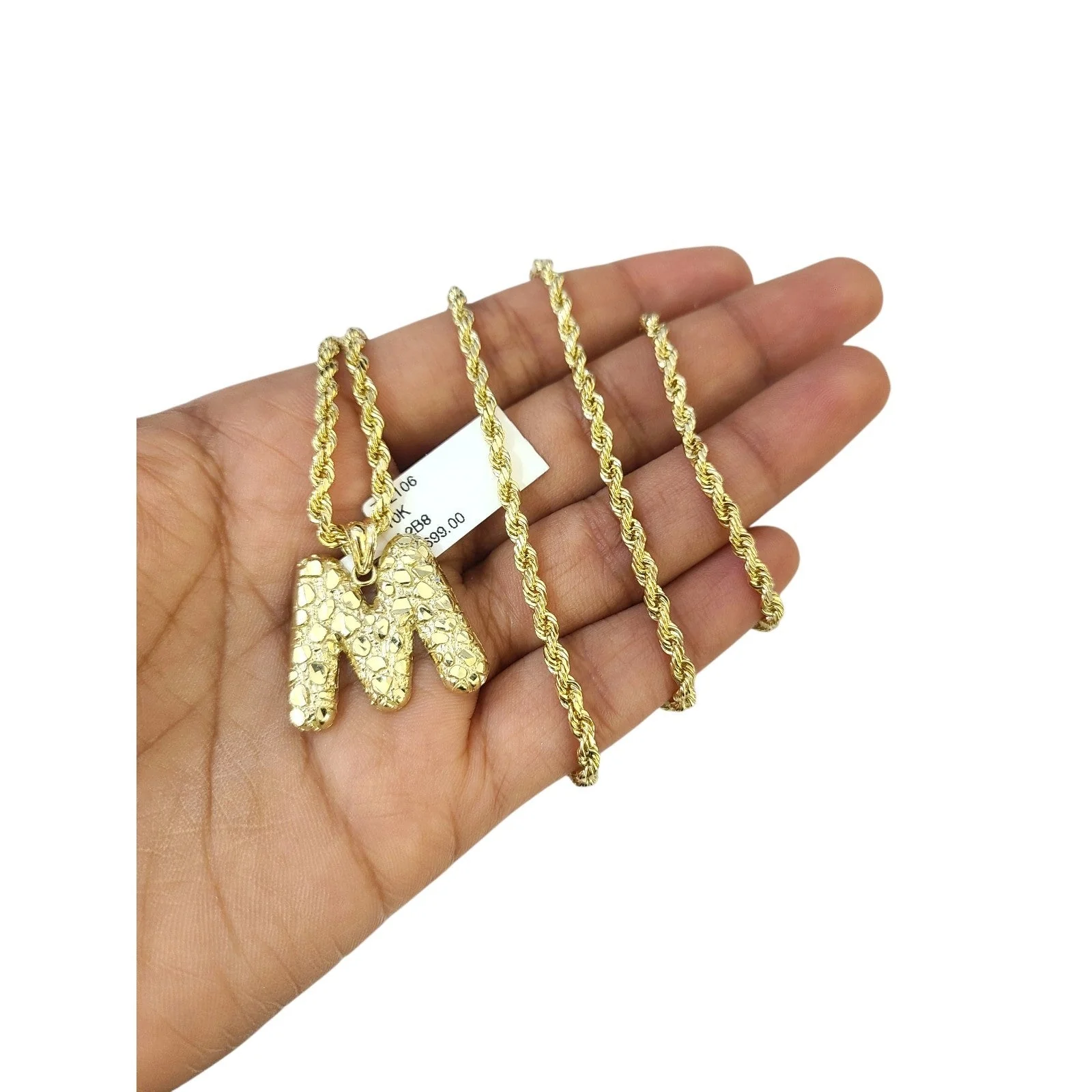 Real 10k Rope Chain M Initial Charm Necklace 3mm 18"-28" Nugget Set Pendant Gold - Image 2