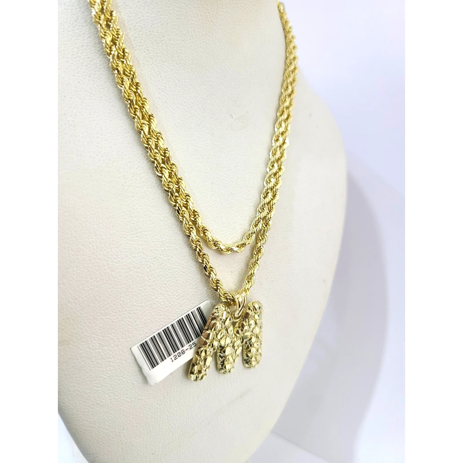 Real 10k Rope Chain M Initial Charm Necklace 3mm 18"-28" Nugget Set Pendant Gold - Image 4