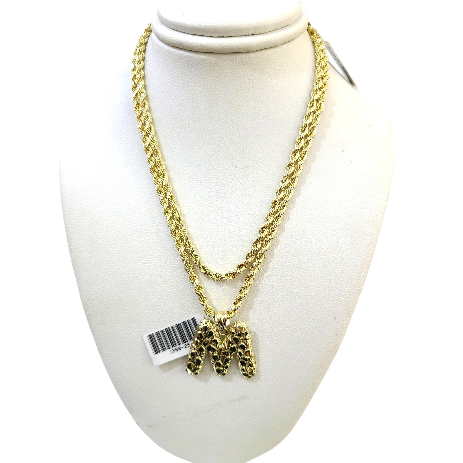 Real 10k Rope Chain M Initial Charm Necklace 3mm 18"-28" Nugget Set Pendant Gold - Image 7