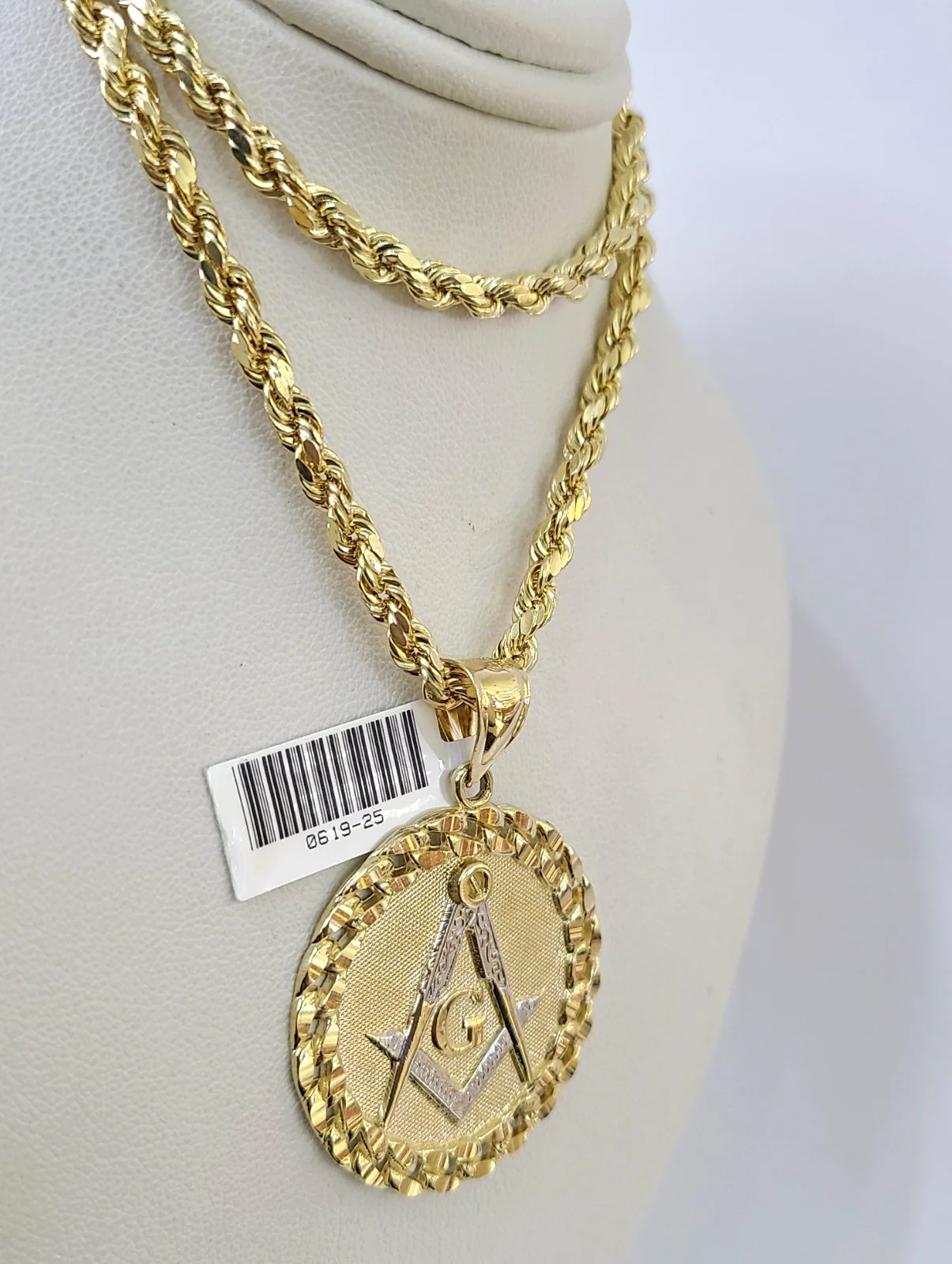 Real 10k Rope Chain Masonic Charm Necklace Pendant Set 4mm 18"-28" Gold - Image 3