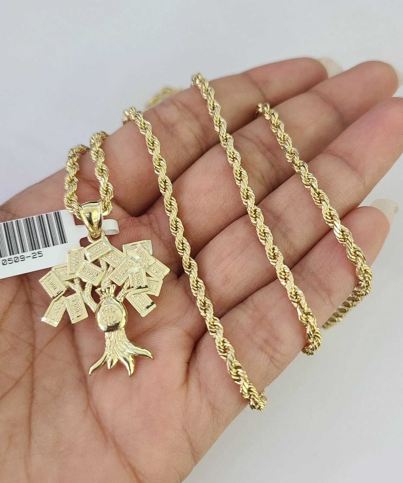 REAL 10k Rope Chain Money Tree Charm Pendant 3mm Necklace Set 18"-30" in - Image 2