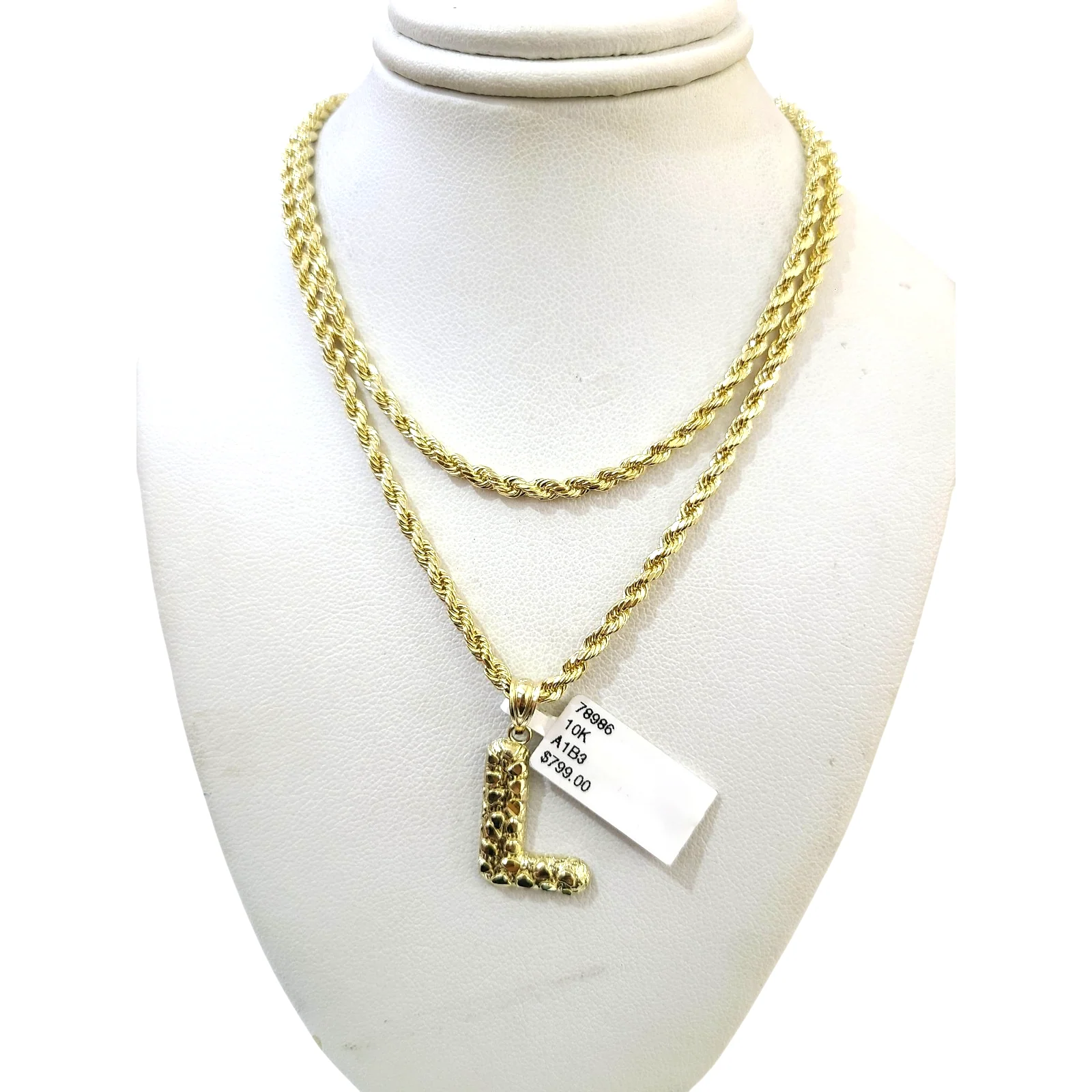 Real 10k Rope Chain Necklace 3mm 18"-28" Nugget L Initial Charm Set Pendant Gold - Image 2