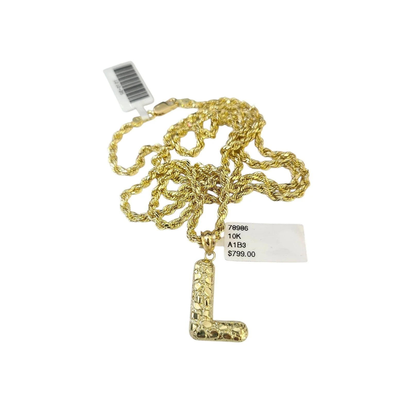 Real 10k Rope Chain Necklace 3mm 18"-28" Nugget L Initial Charm Set Pendant Gold - Image 3