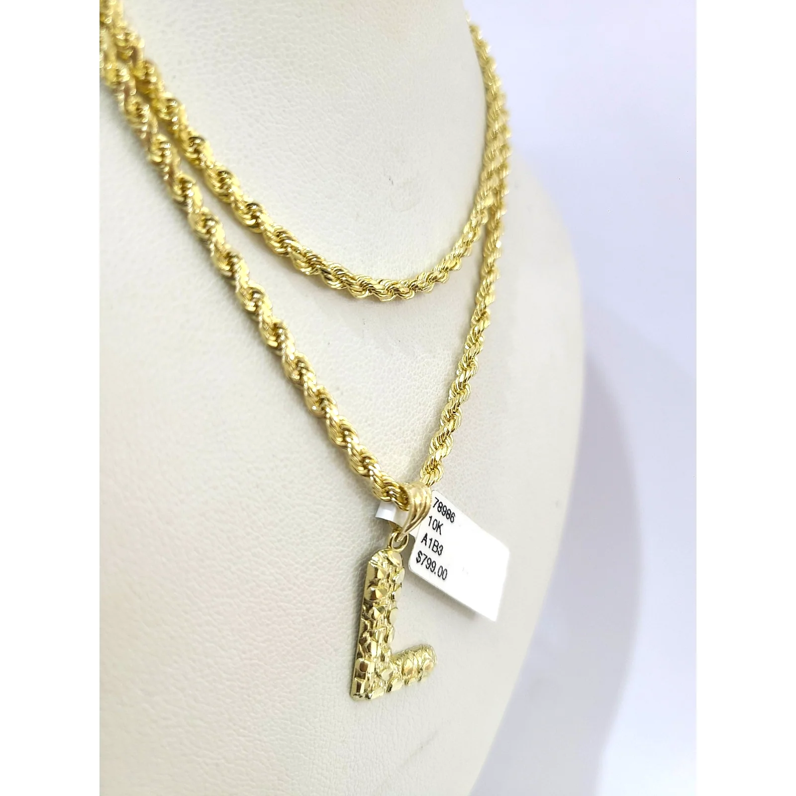 Real 10k Rope Chain Necklace 3mm 18"-28" Nugget L Initial Charm Set Pendant Gold - Image 4