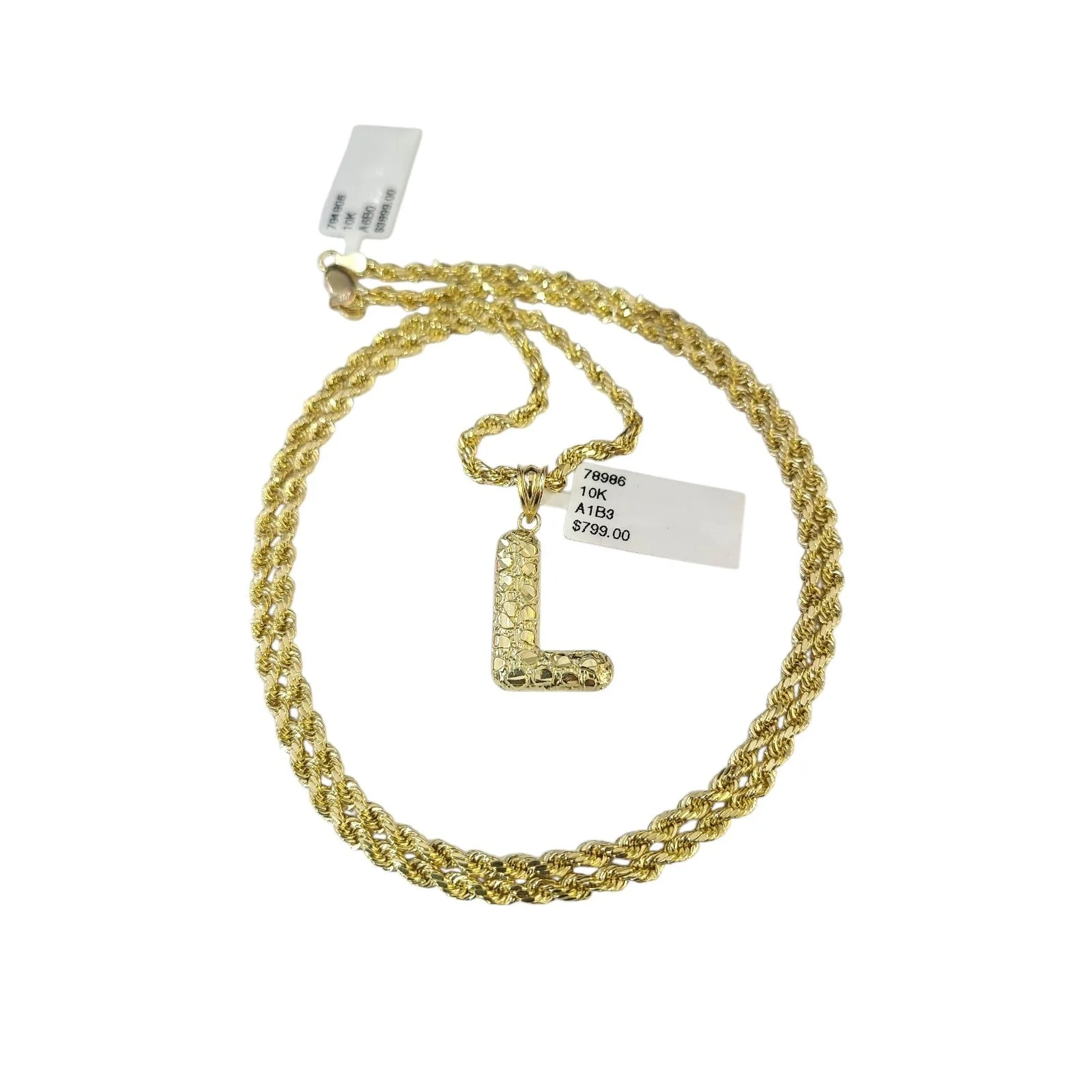 Real 10k Rope Chain Necklace 3mm 18"-28" Nugget L Initial Charm Set Pendant Gold - Image 5