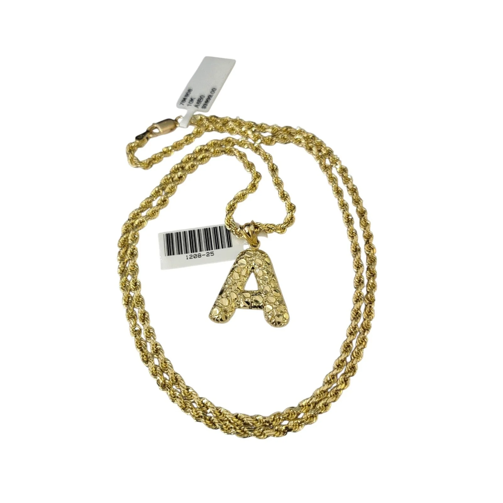 Real 10k Rope Chain Necklace Nugget A Initial Charm Pendant Set 3mm 18"-28" Gold - Image 2