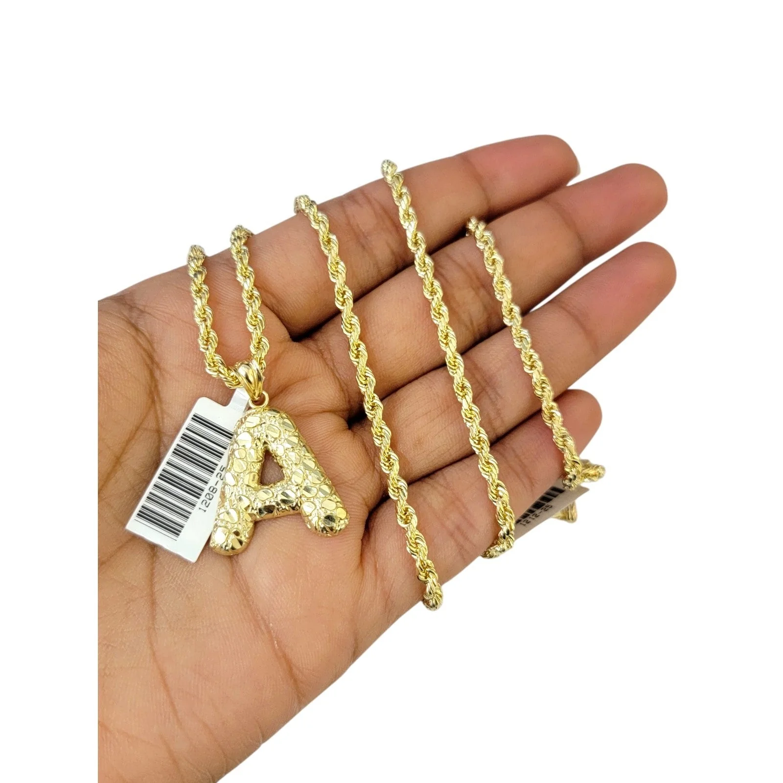 Real 10k Rope Chain Necklace Nugget A Initial Charm Pendant Set 3mm 18"-28" Gold - Image 3