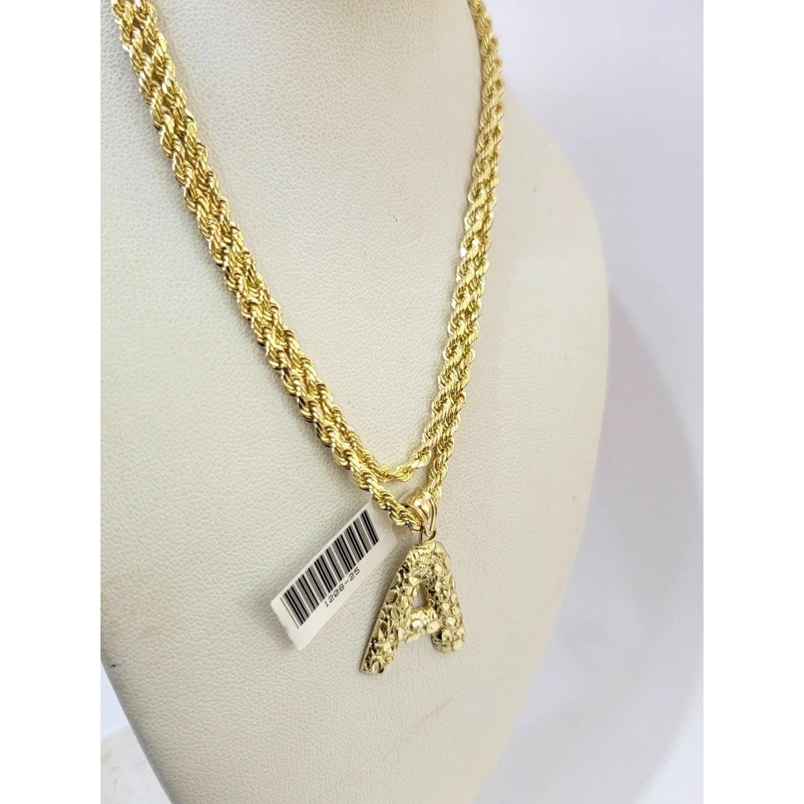 Real 10k Rope Chain Necklace Nugget A Initial Charm Pendant Set 3mm 18"-28" Gold - Image 4