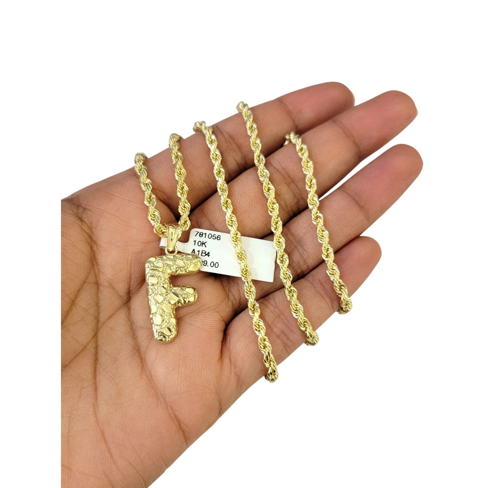 Real 10k Rope Chain Necklace Nugget F Initial Charm Set 3mm 18"-28" Pendant Gold - Image 2