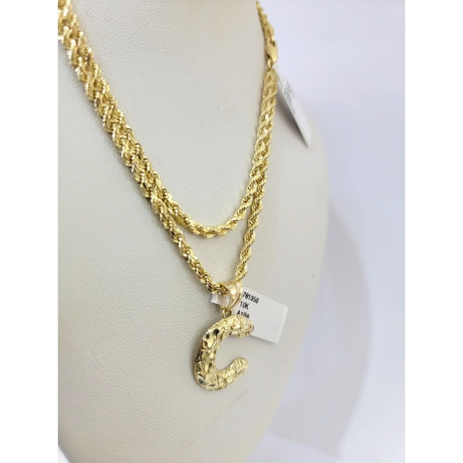 Real 10k Rope Chain Necklace Set 3mm 18"-28" Nugget C Initial Charm Pendant Gold - Image 3