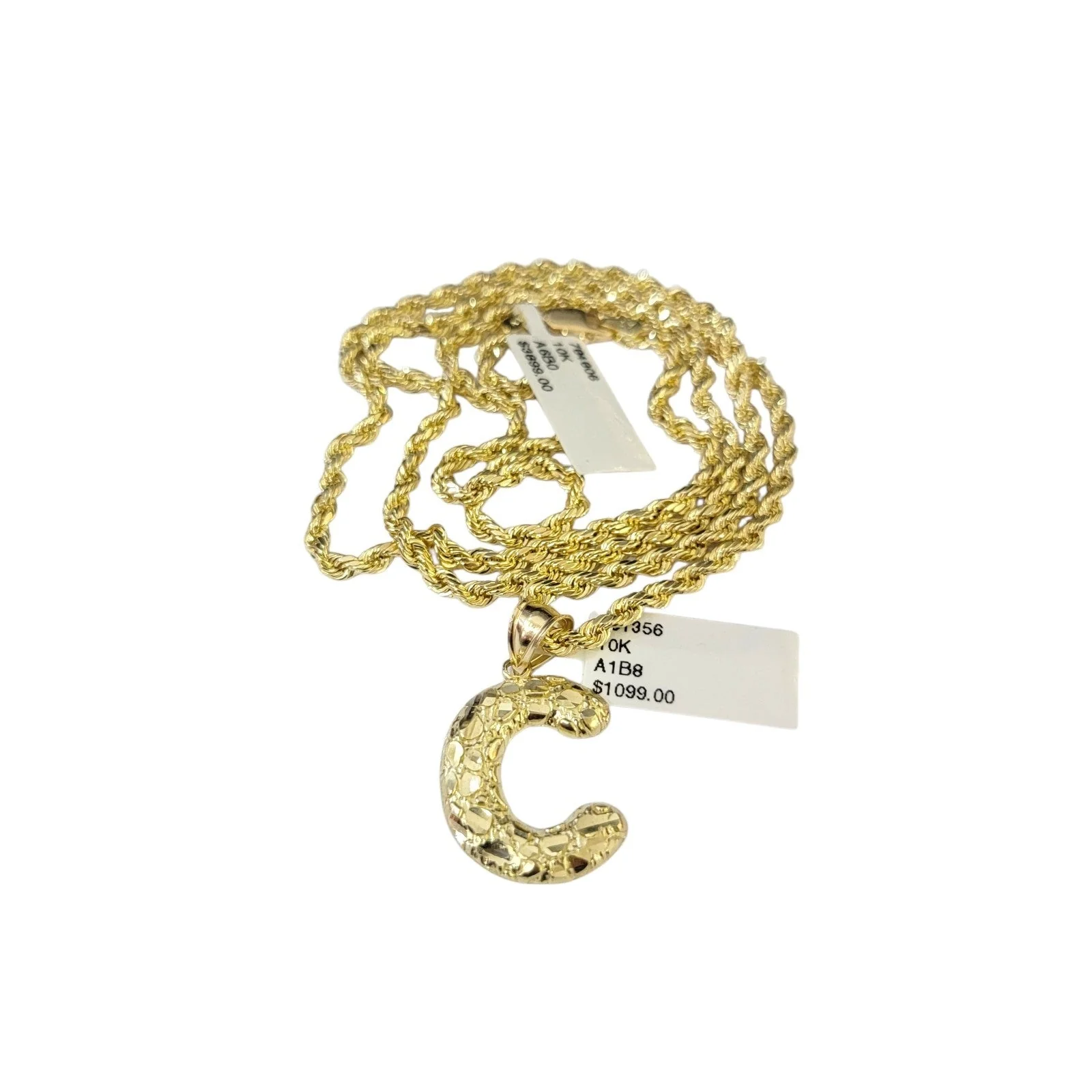 Real 10k Rope Chain Necklace Set 3mm 18"-28" Nugget C Initial Charm Pendant Gold - Image 5