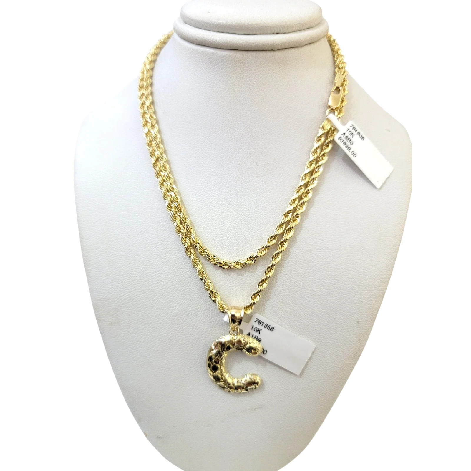 Real 10k Rope Chain Necklace Set 3mm 18"-28" Nugget C Initial Charm Pendant Gold - Image 7
