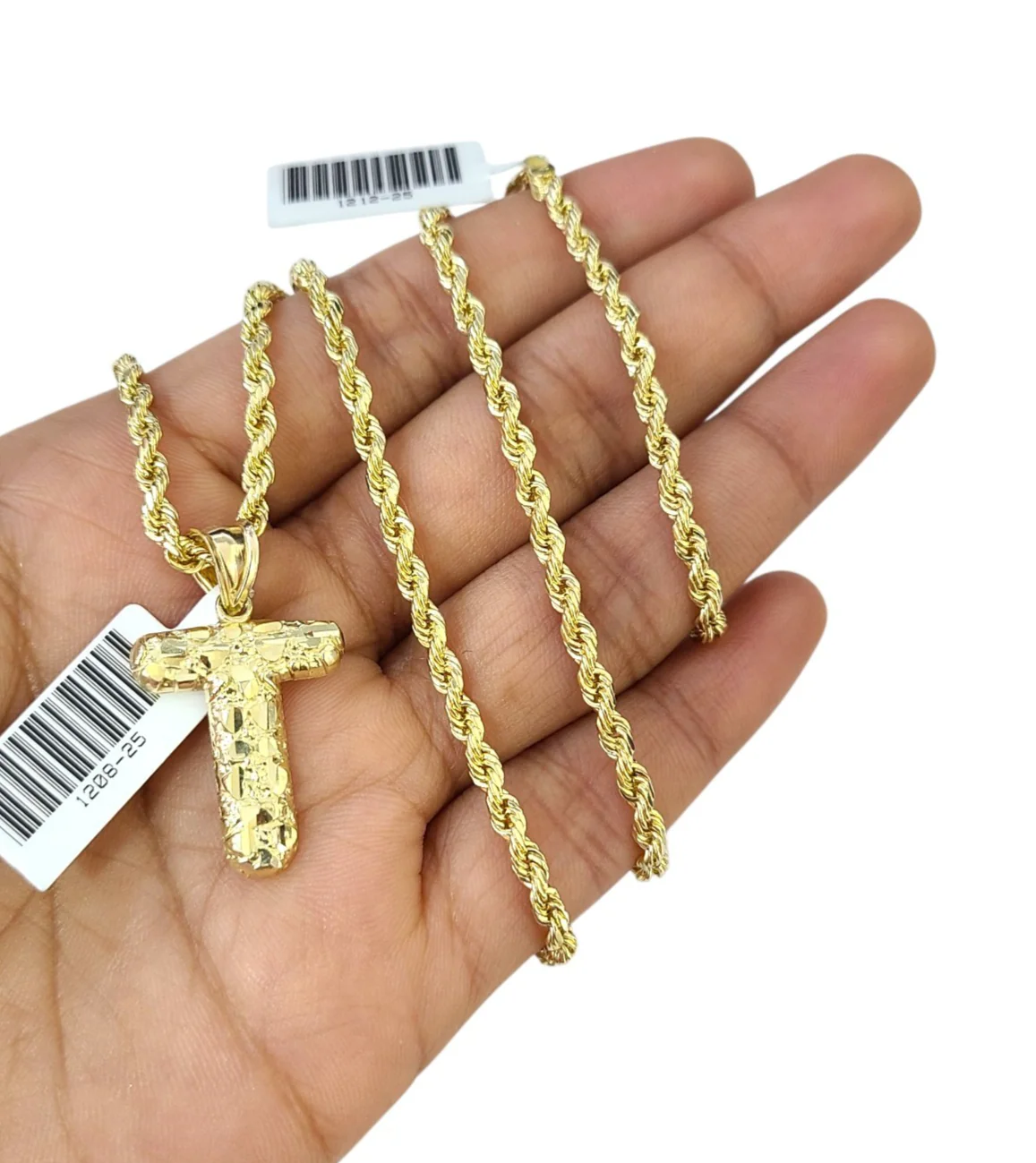 Real 10k Rope Chain Necklace T Nugget Initial Charm 3mm 18"-28" Set Pendant Gold - Image 3
