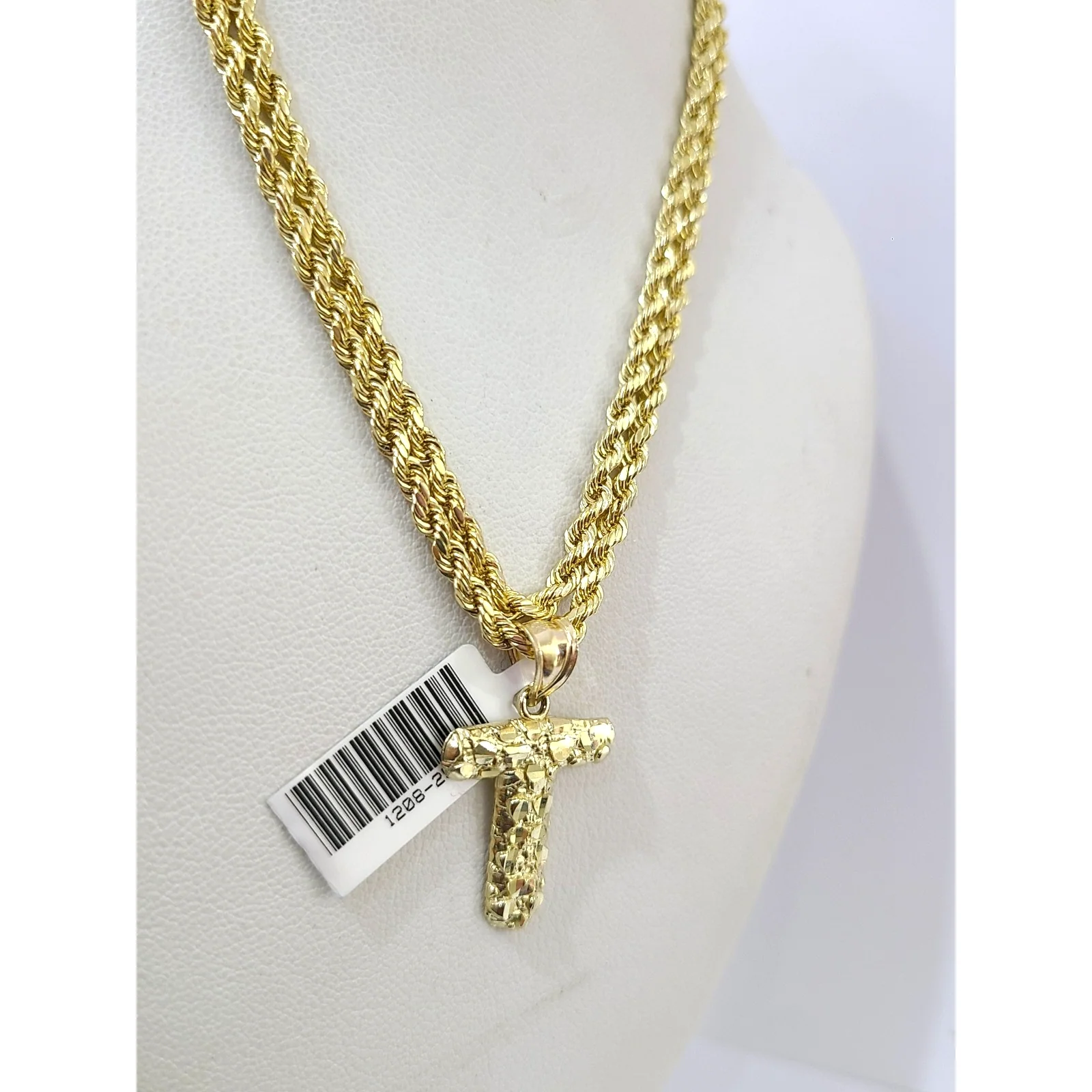 Real 10k Rope Chain Necklace T Nugget Initial Charm 3mm 18"-28" Set Pendant Gold - Image 4