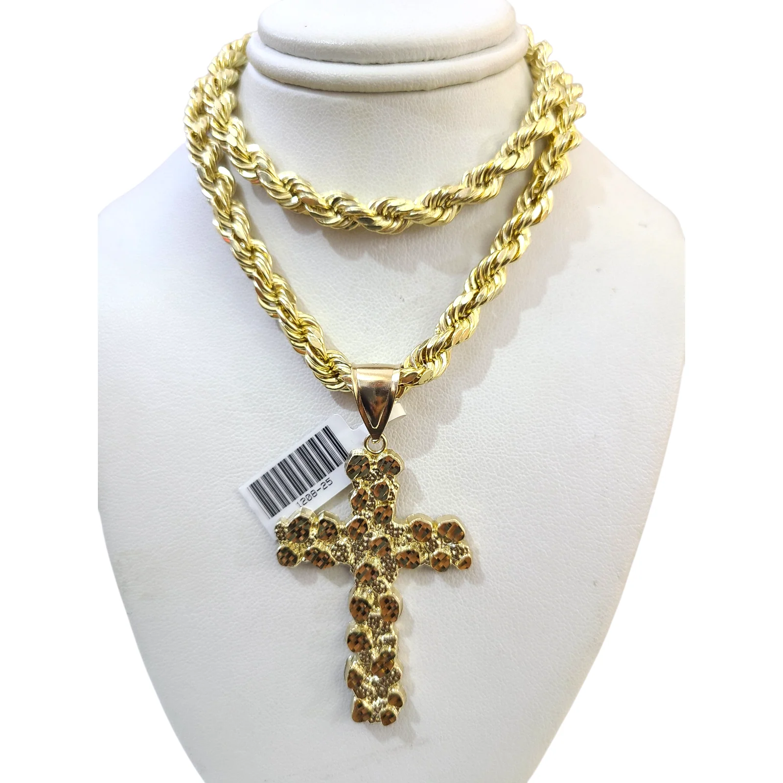 Real 10k Rope Chain Nugget Cross Necklace Pendant Set 7mm 20"-28" Gold Men - Image 7
