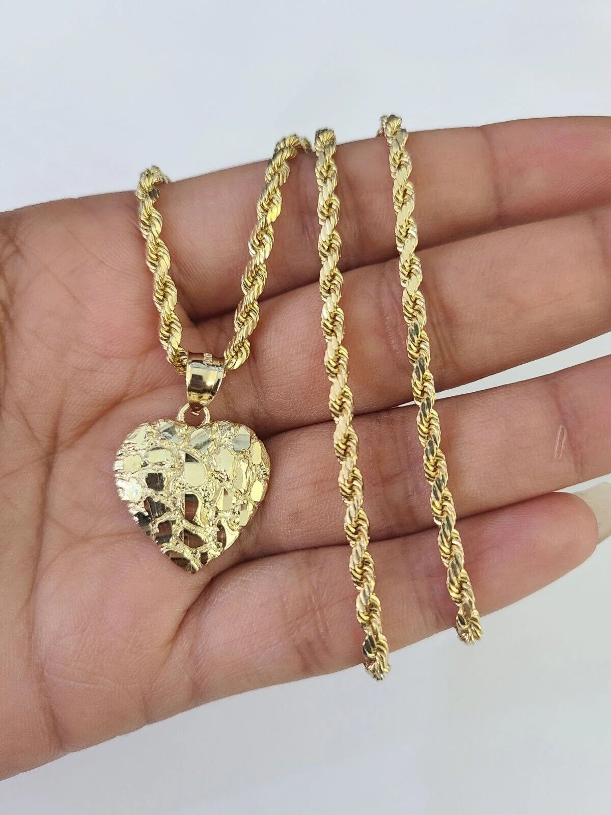 Real 10k Rope Chain Nugget Heart Charm Pendant SET Necklace 3mm 18"-24" Ladies - Image 3