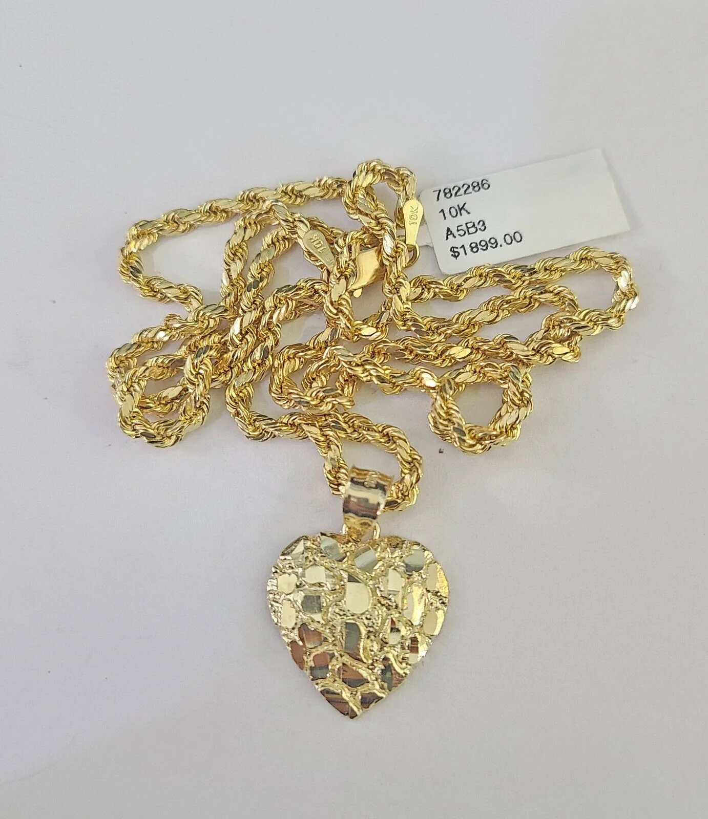 Real 10k Rope Chain Nugget Heart Charm Pendant SET Necklace 3mm 18"-24" Ladies - Image 5