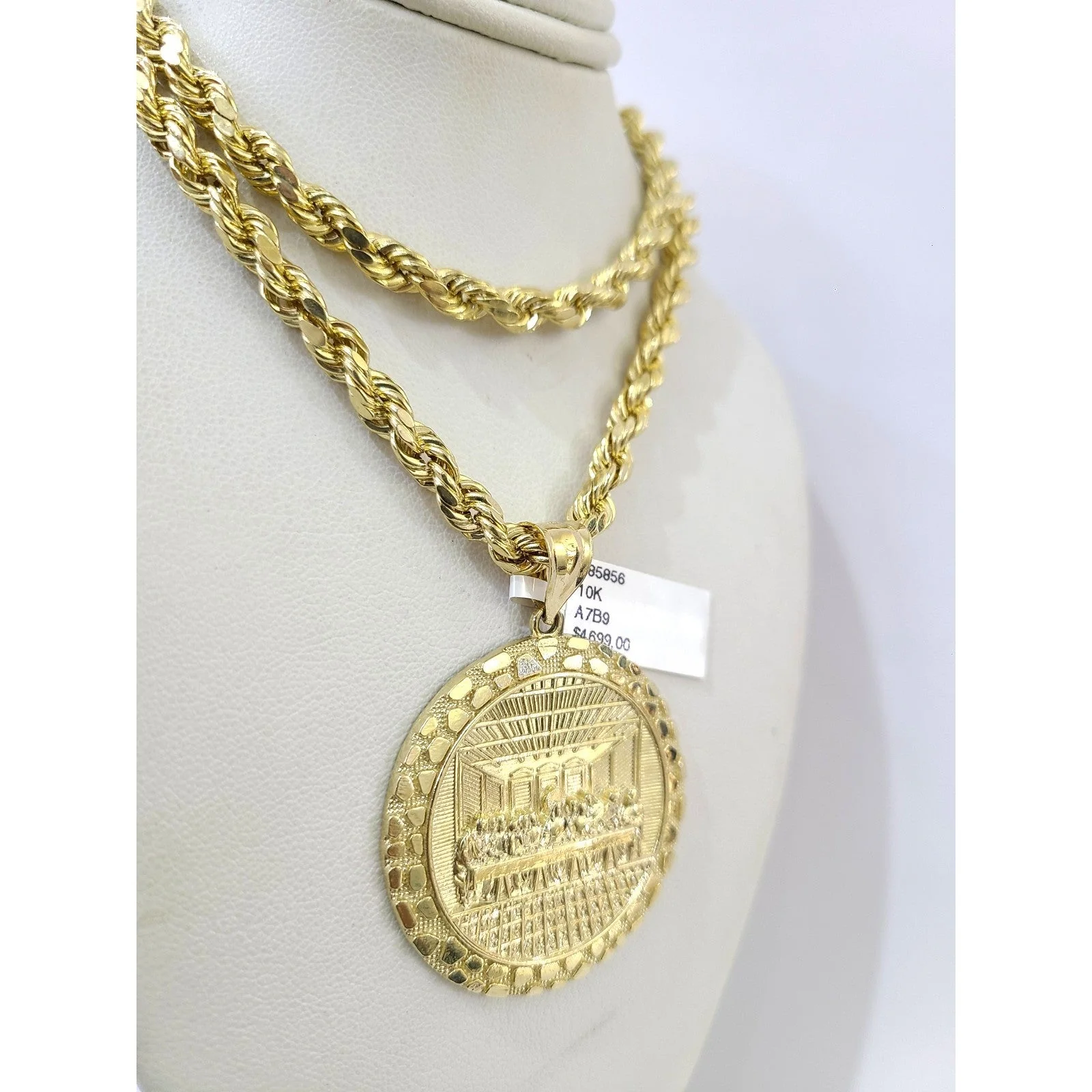 Real 10k Rope Chain Nugget Last Supper Necklace Pendant Set 6mm 20"-28" Gold - Image 2