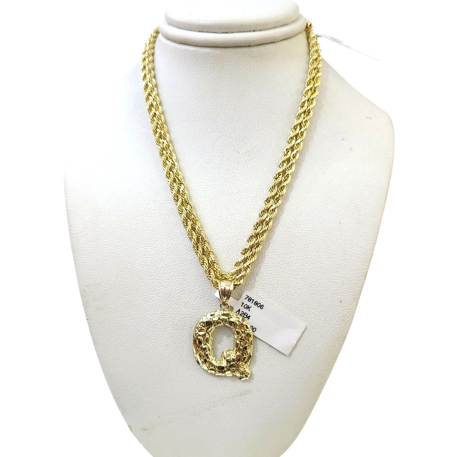 Real 10k Rope Chain Q Initial Charm 3mm 18"-28" Necklace Nugget Set Pendant Gold - Image 2