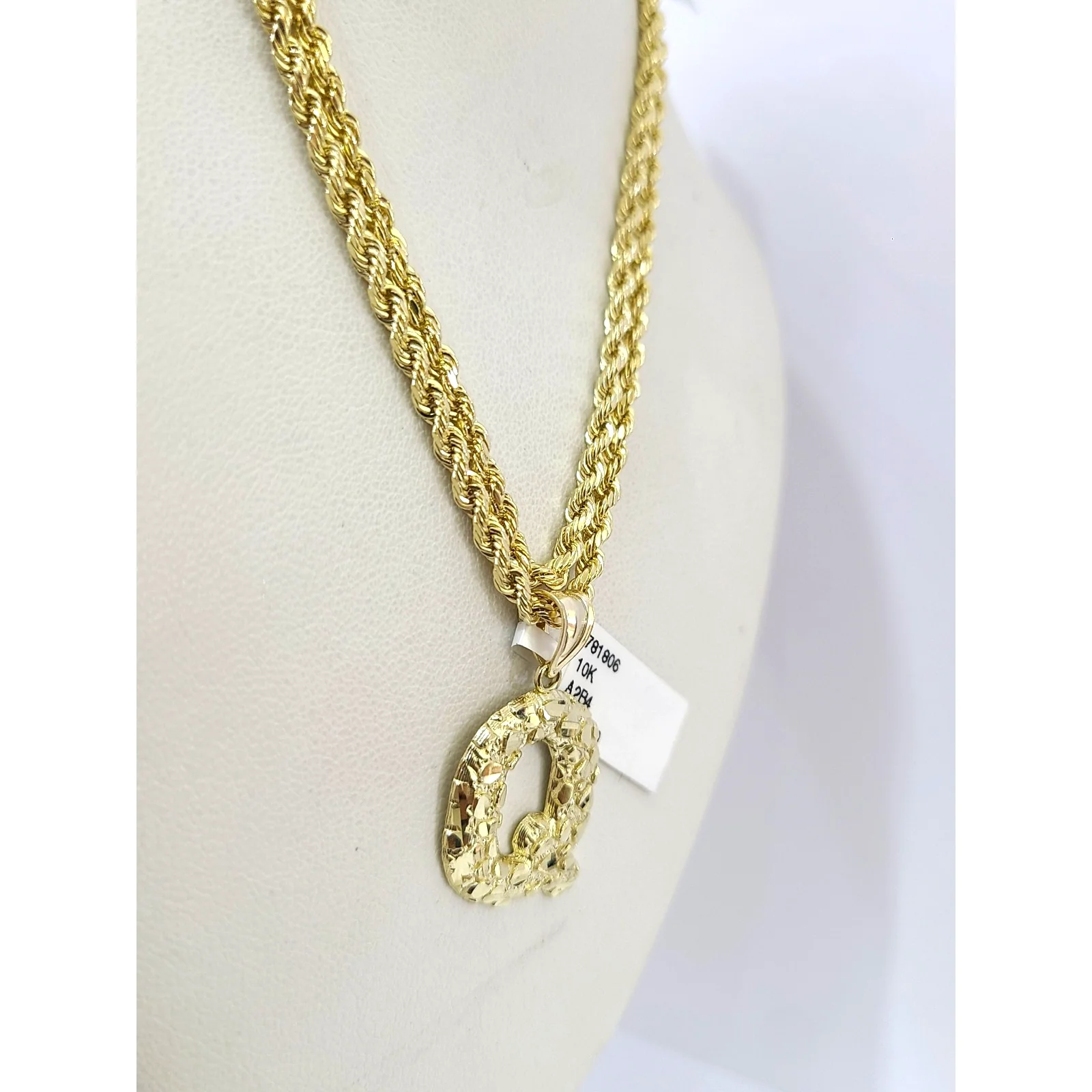 Real 10k Rope Chain Q Initial Charm 3mm 18"-28" Necklace Nugget Set Pendant Gold - Image 4