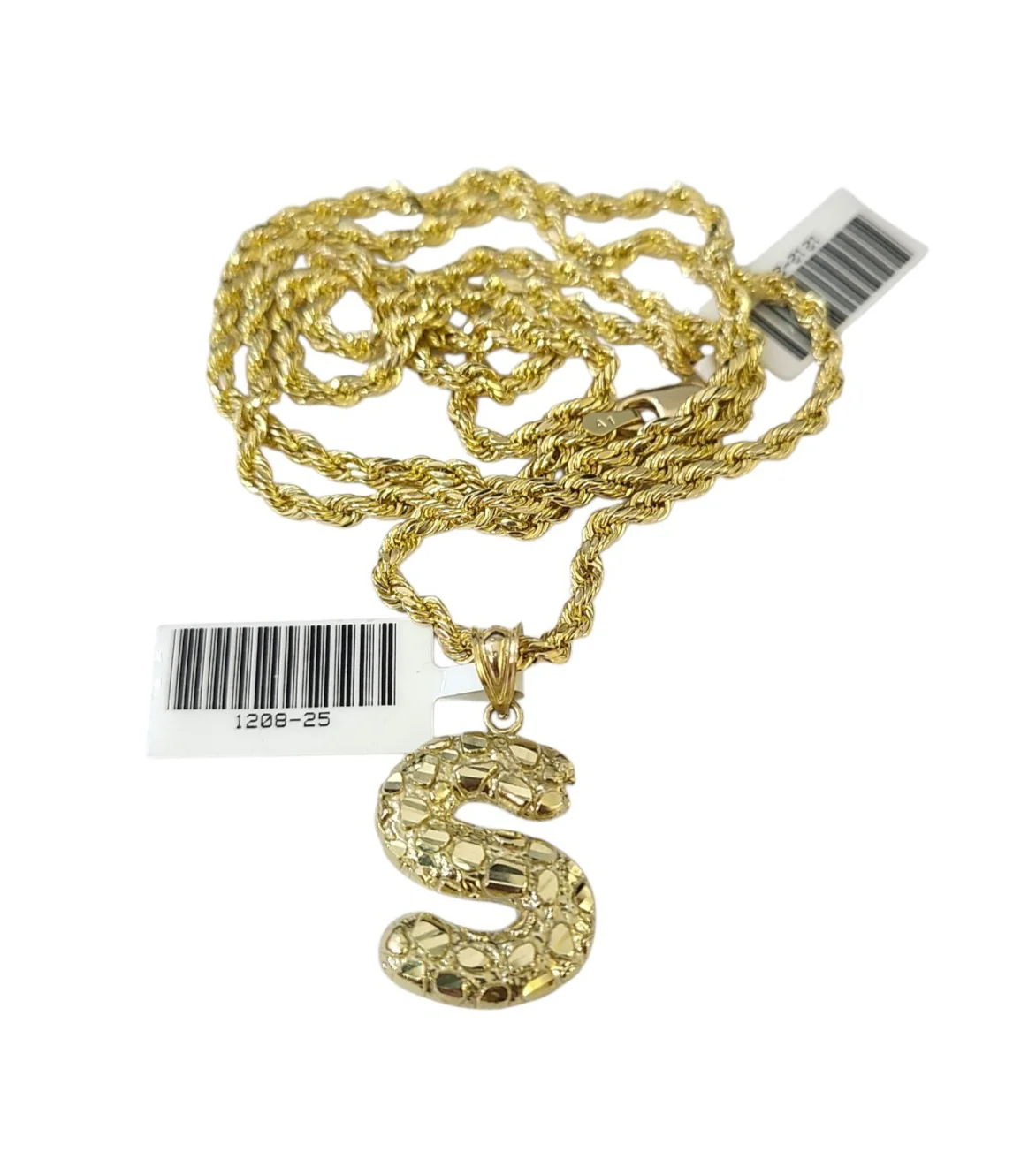 Real 10k Rope Chain S Initial Charm 3mm 18"-28" Necklace Nugget Set Pendant Gold - Image 2