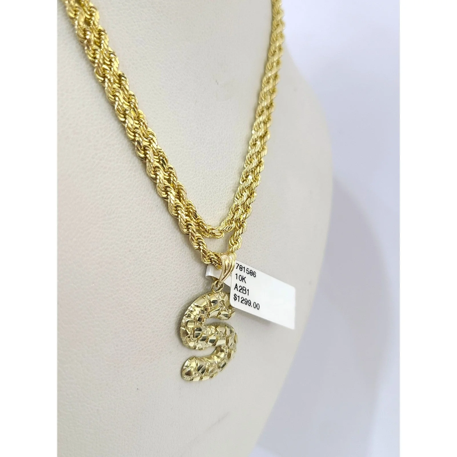 Real 10k Rope Chain S Initial Charm 3mm 18"-28" Necklace Nugget Set Pendant Gold - Image 3