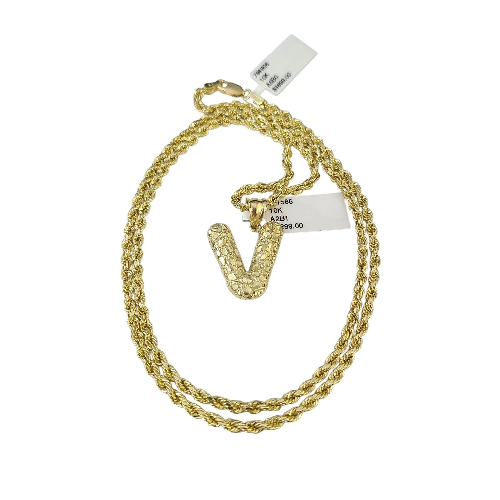 Real 10k Rope Chain V Nugget Initial Charm 3mm 18"-28" Necklace Set Pendant Gold - Image 2