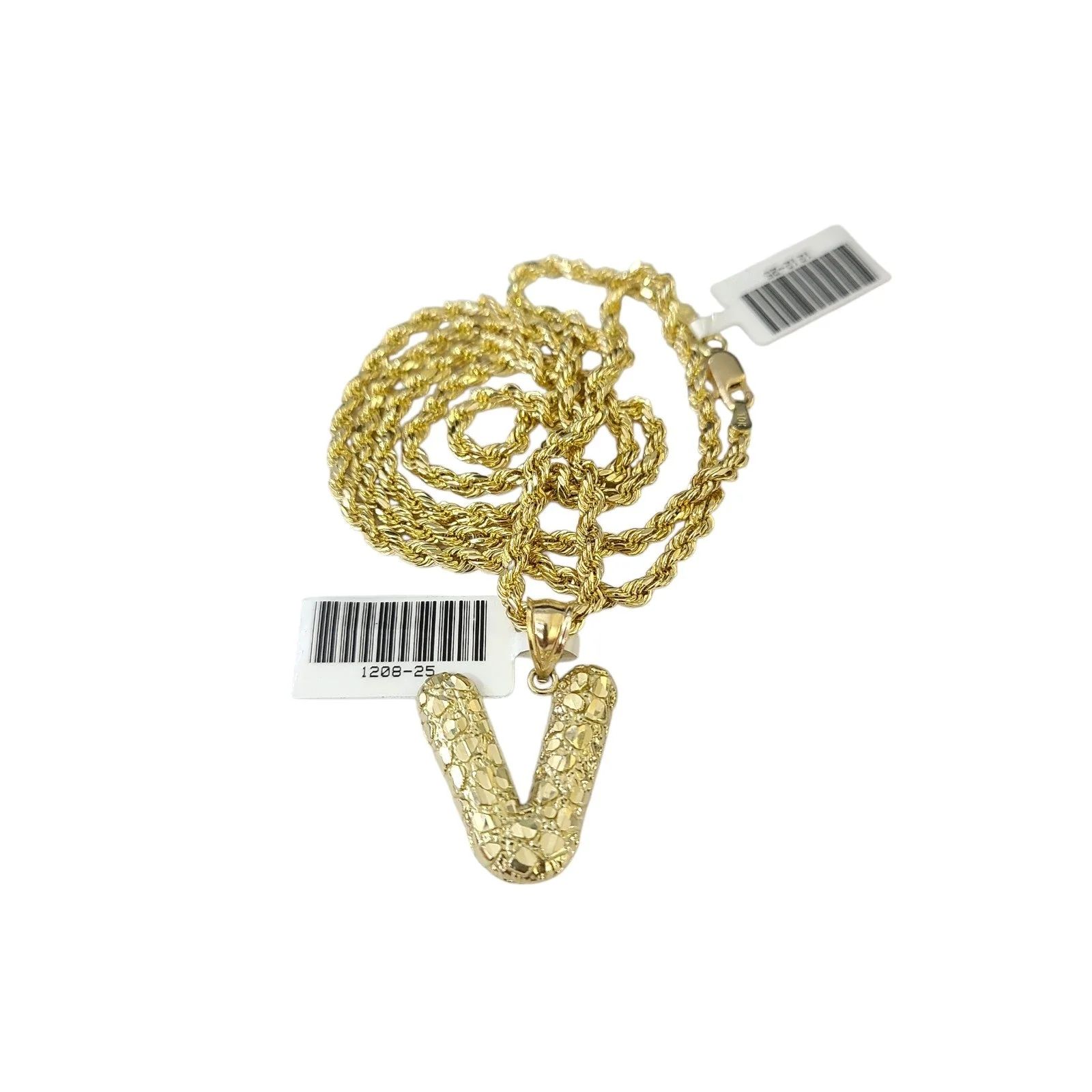 Real 10k Rope Chain V Nugget Initial Charm 3mm 18"-28" Necklace Set Pendant Gold - Image 3