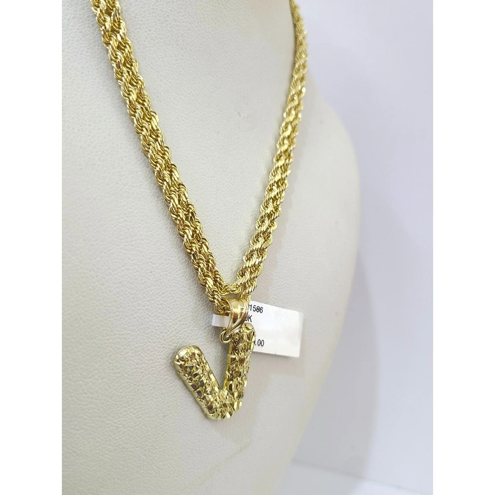 Real 10k Rope Chain V Nugget Initial Charm 3mm 18"-28" Necklace Set Pendant Gold - Image 4