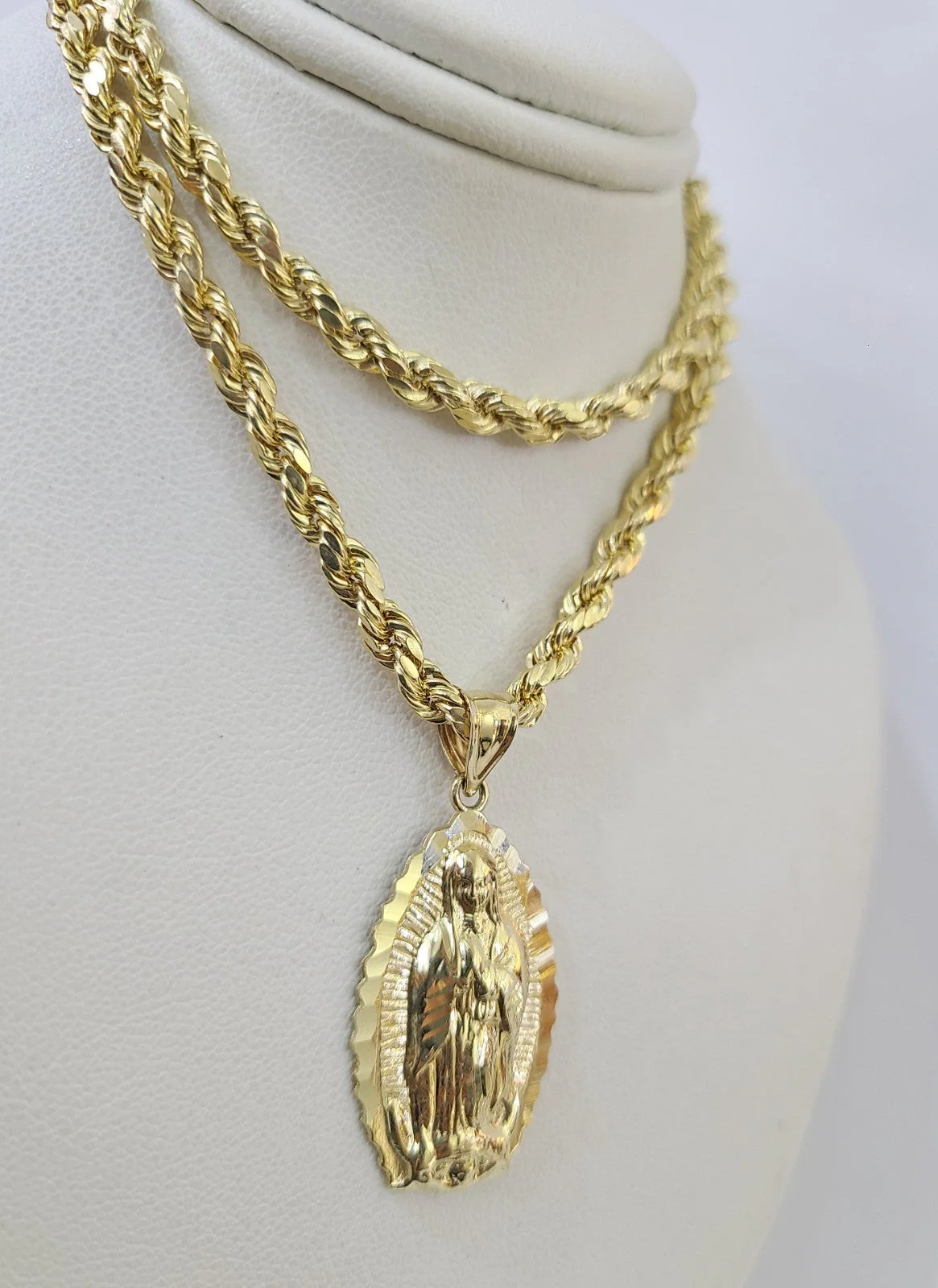 Real 10k Rope Chain Virgin Mary Charm Necklace Pendant Set 4mm 18"-28" Gold - Image 2