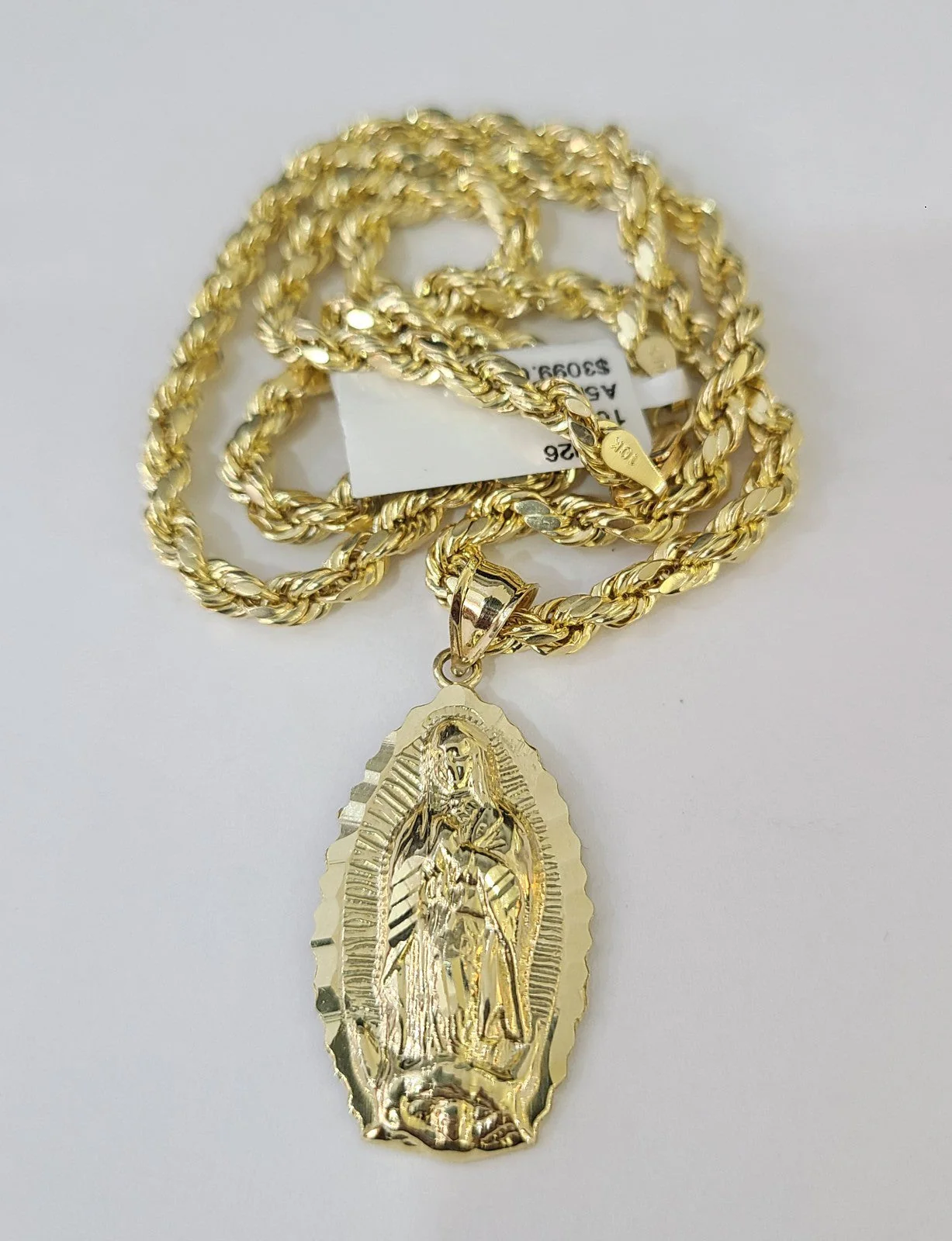 Real 10k Rope Chain Virgin Mary Charm Necklace Pendant Set 4mm 18"-28" Gold - Image 4