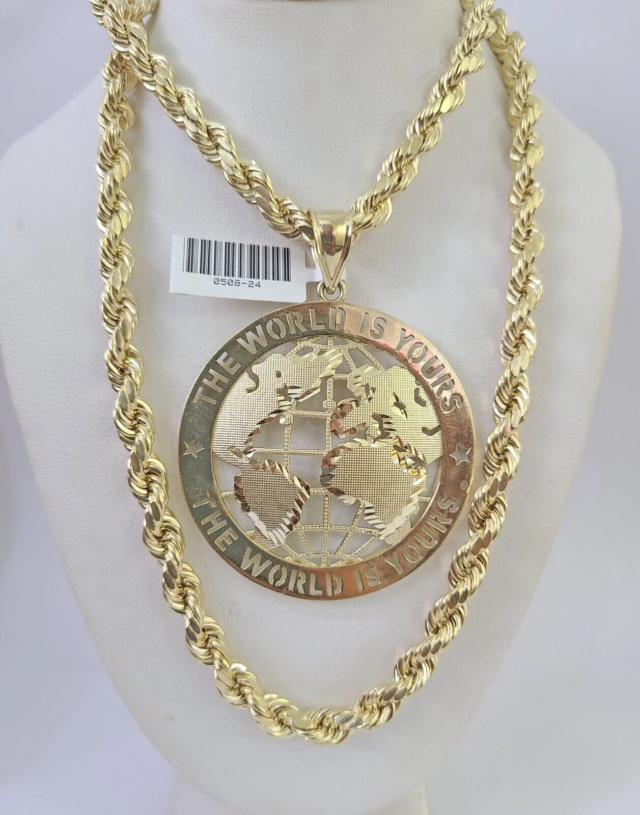 Real 10k Rope Chain World is Yours Charm Set 7mm 20"-28" Inch Necklace Gold - Image 5