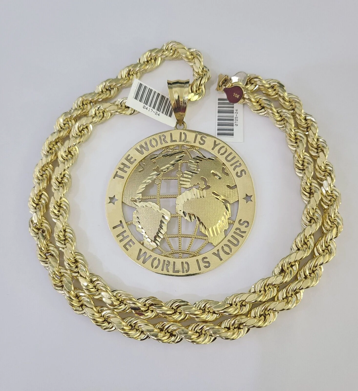 Real 10k Rope Chain World is Yours Charm Set 8mm 20"-30" Inch Necklace Gold - Image 4