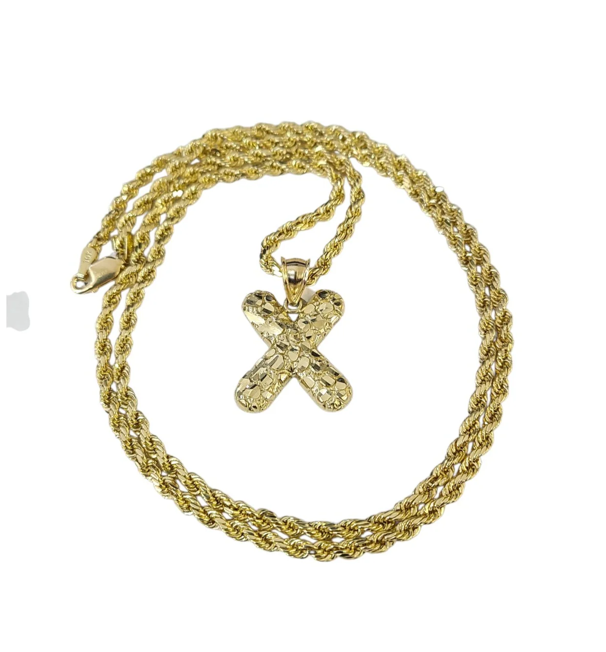 Real 10k Rope Chain X Nugget Initial Charm 3mm 18"-28" Necklace Set Pendant Gold - Image 2