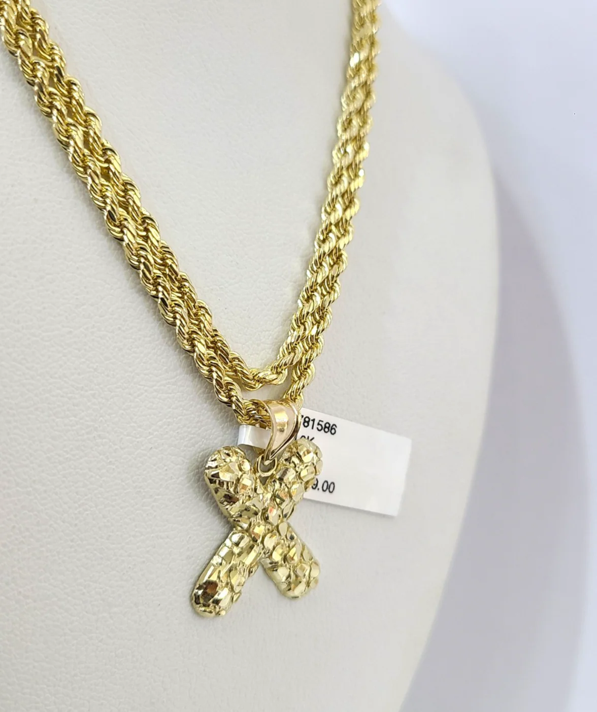Real 10k Rope Chain X Nugget Initial Charm 3mm 18"-28" Necklace Set Pendant Gold - Image 4