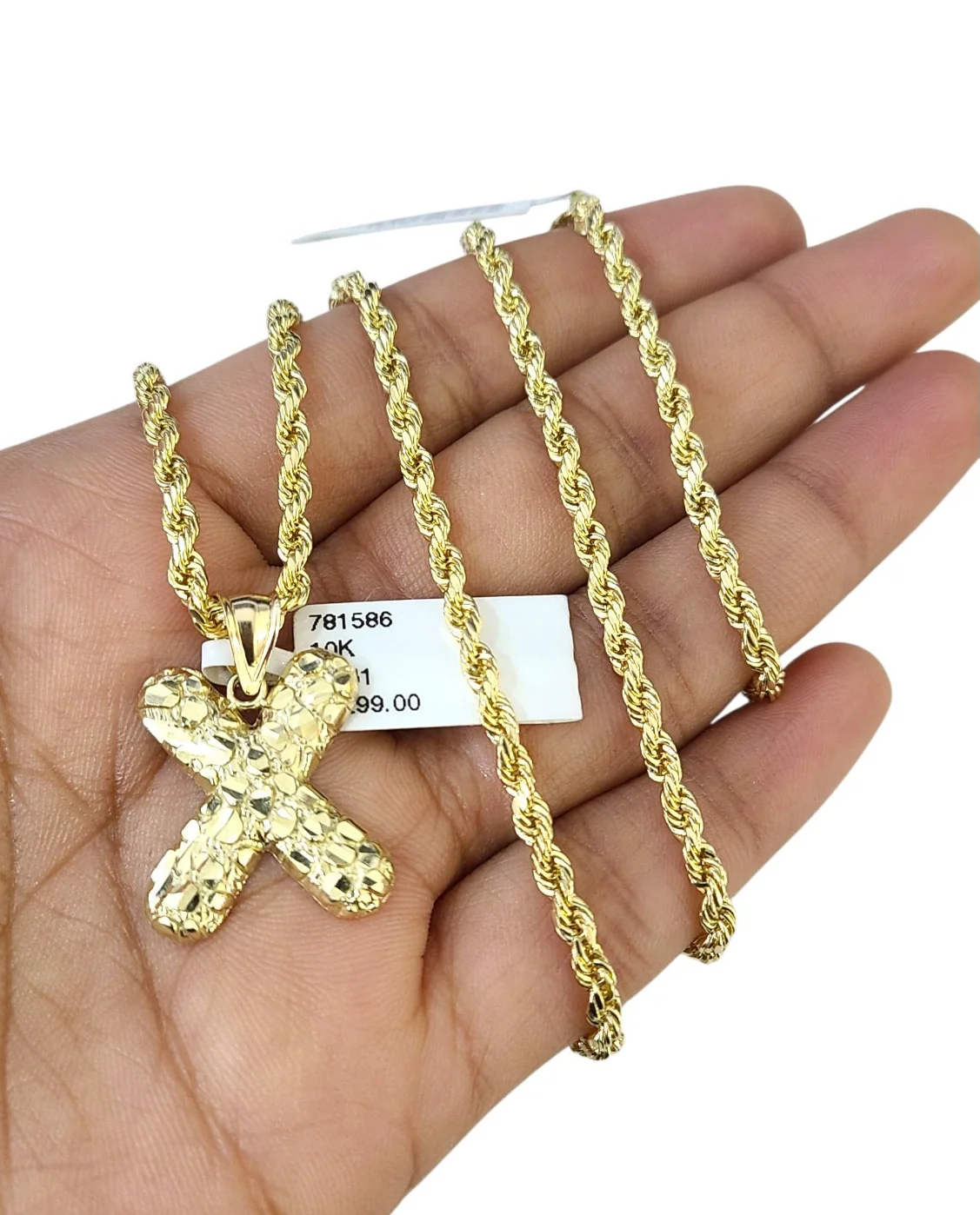 Real 10k Rope Chain X Nugget Initial Charm 3mm 18"-28" Necklace Set Pendant Gold - Image 5