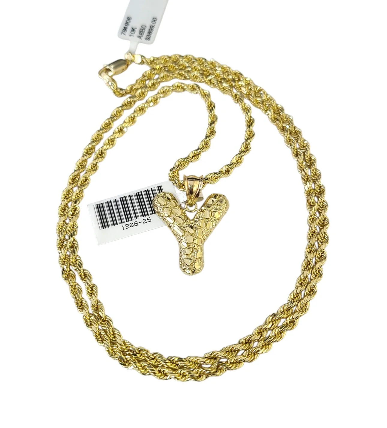 Real 10k Rope Chain Y Necklace Nugget Initial Charm 3mm 18"-28" Set Pendant Gold - Image 2