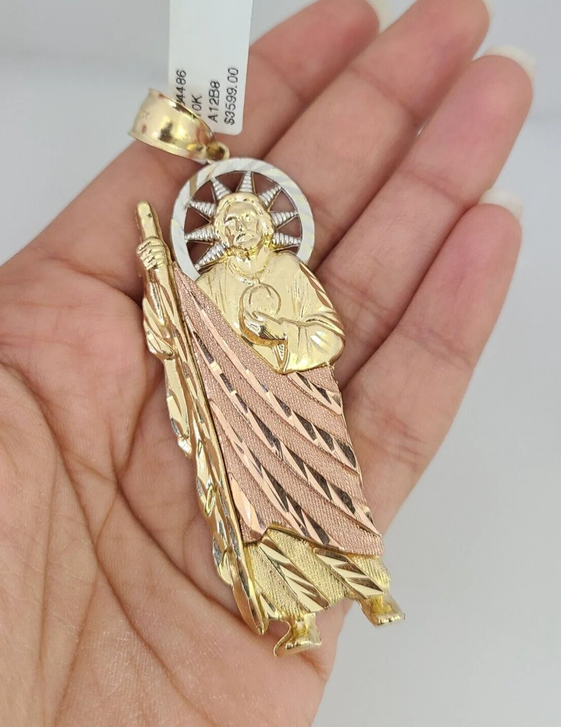 Real 10K Saint Jude Pendant Tri-Gold Diamond Cut 10kt Yellow Gold Charm Genuine