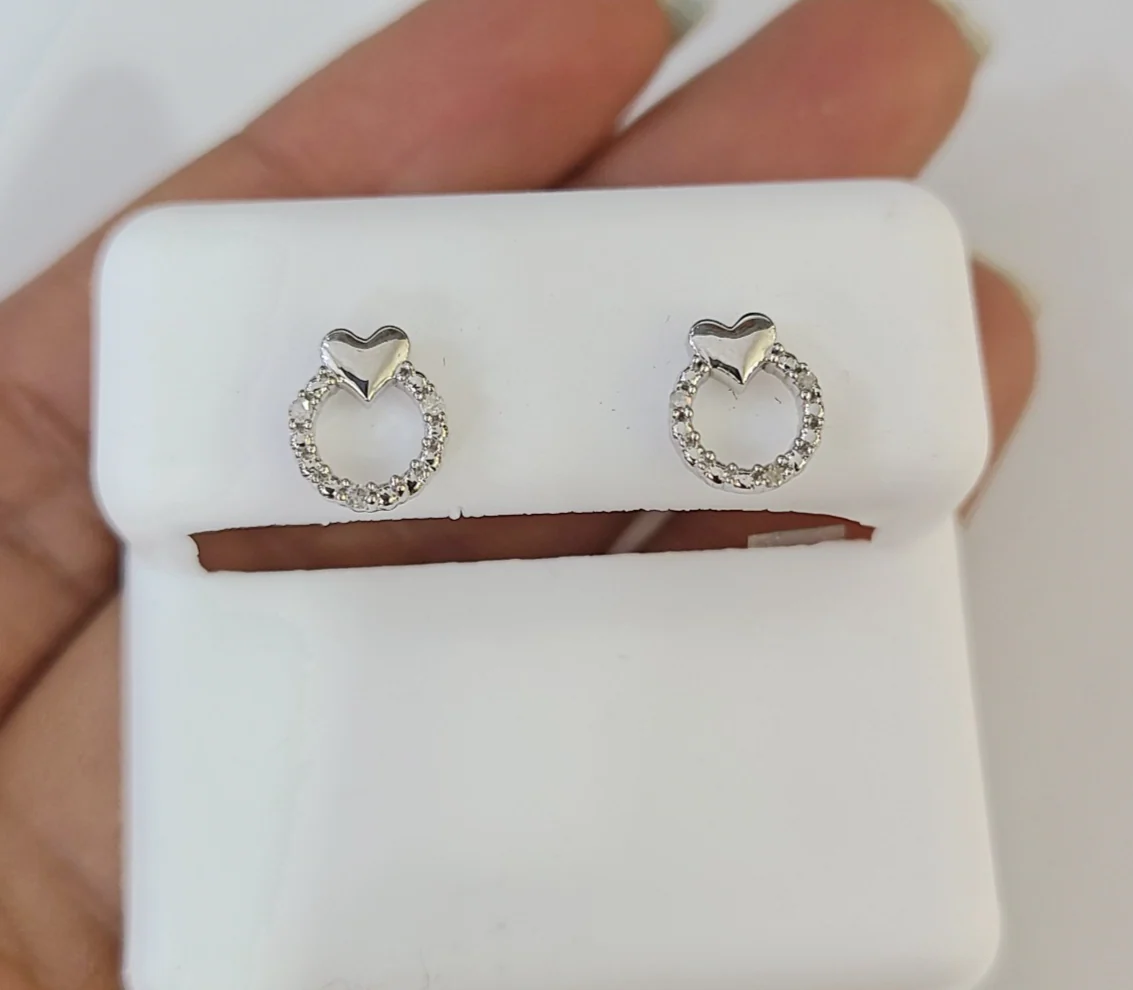 Real Diamond Heart Earrings 925 Sterling Silver Ladies Screw Back - Image 5