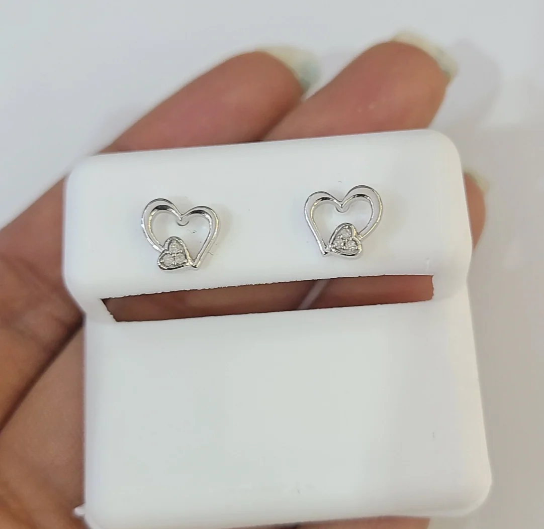 Real Diamond Silver 925 Sterling Heart Earrings Screw Back Stud For ladies - Image 5