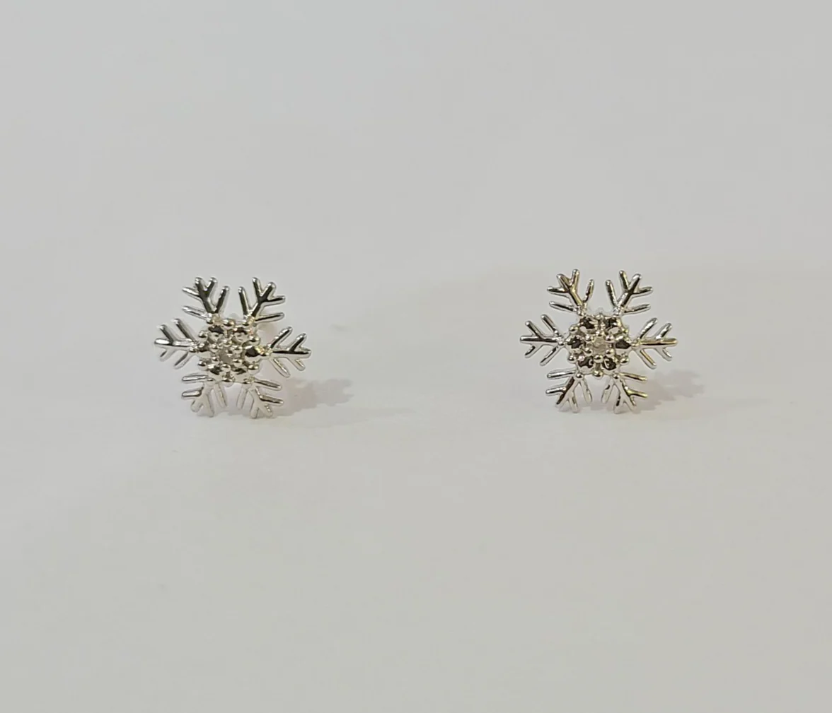Real 10k Silver 925 Diamond Snowflake Earring Screw Back 10kt - Image 5