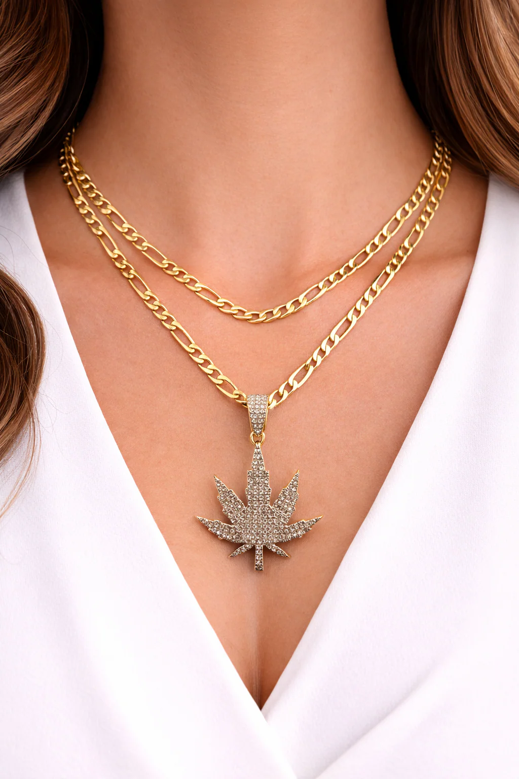 Real 10k Solid Figaro Chain Leaf Diamond Charm Necklace SET 4mm 22" Pendant - Image 4
