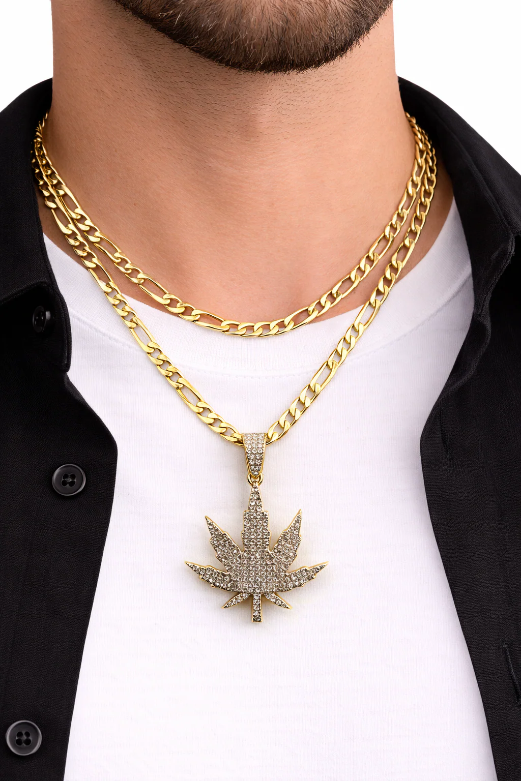 Real 10k Solid Figaro Chain Leaf Diamond Charm Necklace SET 4mm 22" Pendant - Image 6