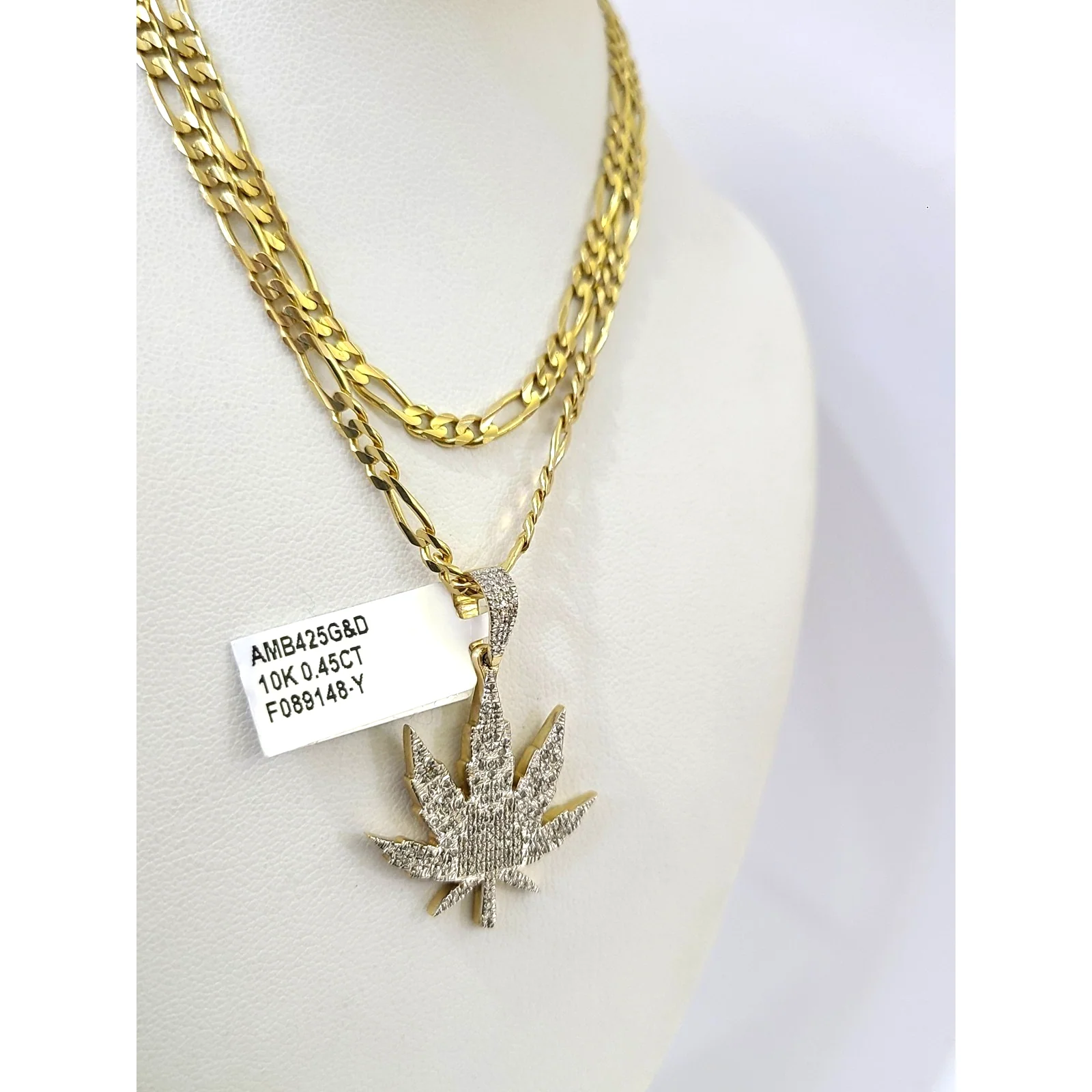 Real 10k Solid Figaro Chain Leaf Diamond Charm Necklace SET 4mm 22" Pendant - Image 8