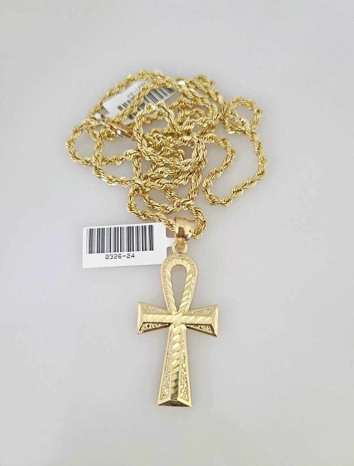 REAL 10k Solid Rope Chain Ankh Cross Charm Pendant 3mm Set 18"-26" in Necklace - Image 2